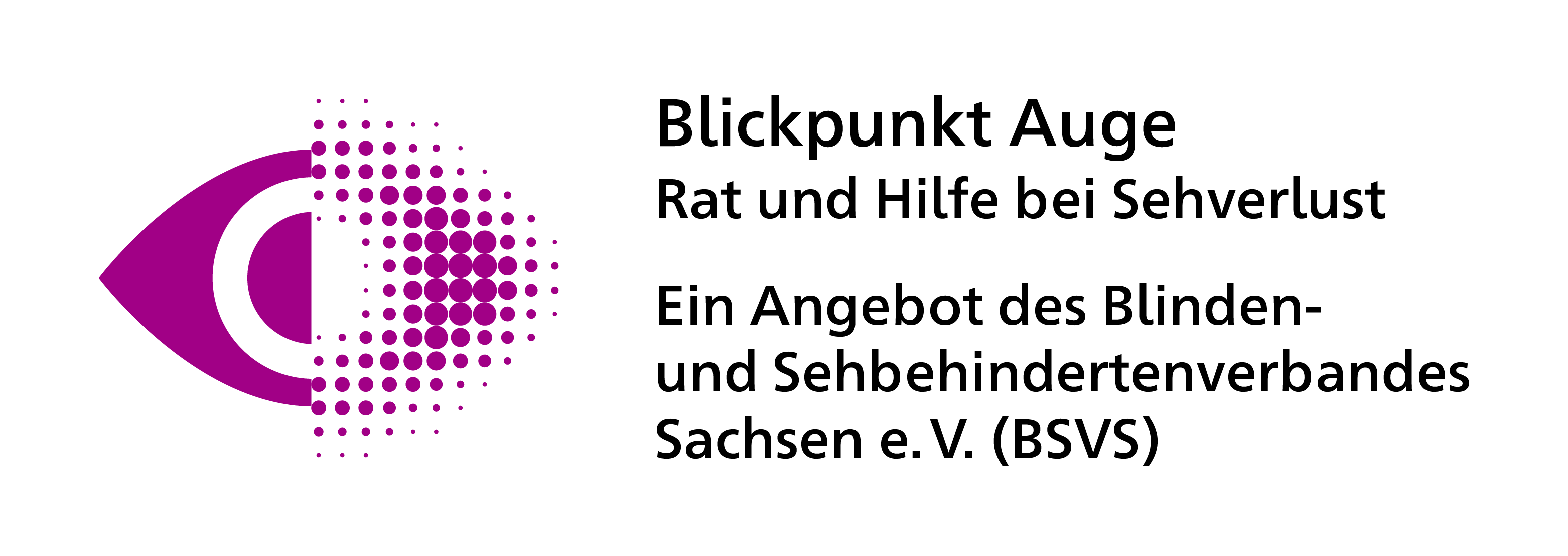 Auf der linken Seite ist die Logo Graphik "Auslaufendes Auge" in purpur und rechts daneben steht der Text "Blickpunkt Auge - Rat und Hilfe bei Sehverlust, Ein Angebot des BSVS".