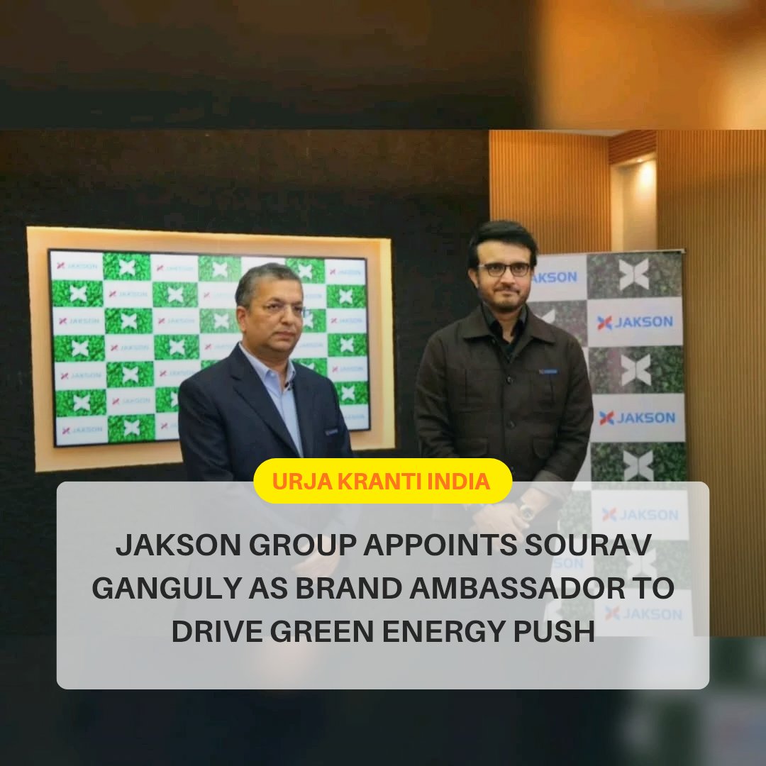 “Sourav Ganguly with Jakson Group branding, announcing his appointment as the company’s first-ever brand ambassador for renewable energy and infrastructure initiatives.”