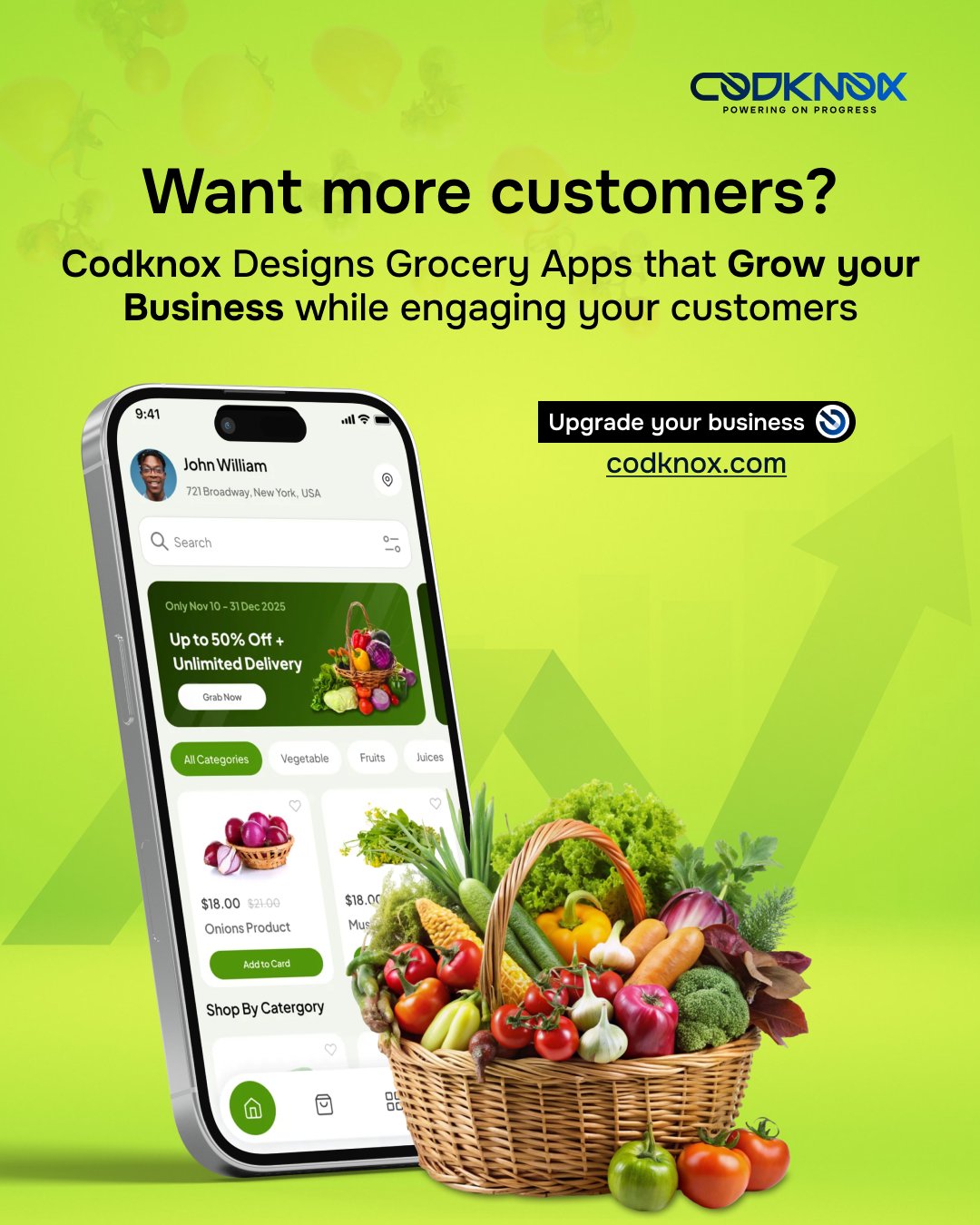 An Infographic image with text “Want more customers? Codknox designs grocery apps that grow your business while engaging your customers.”
