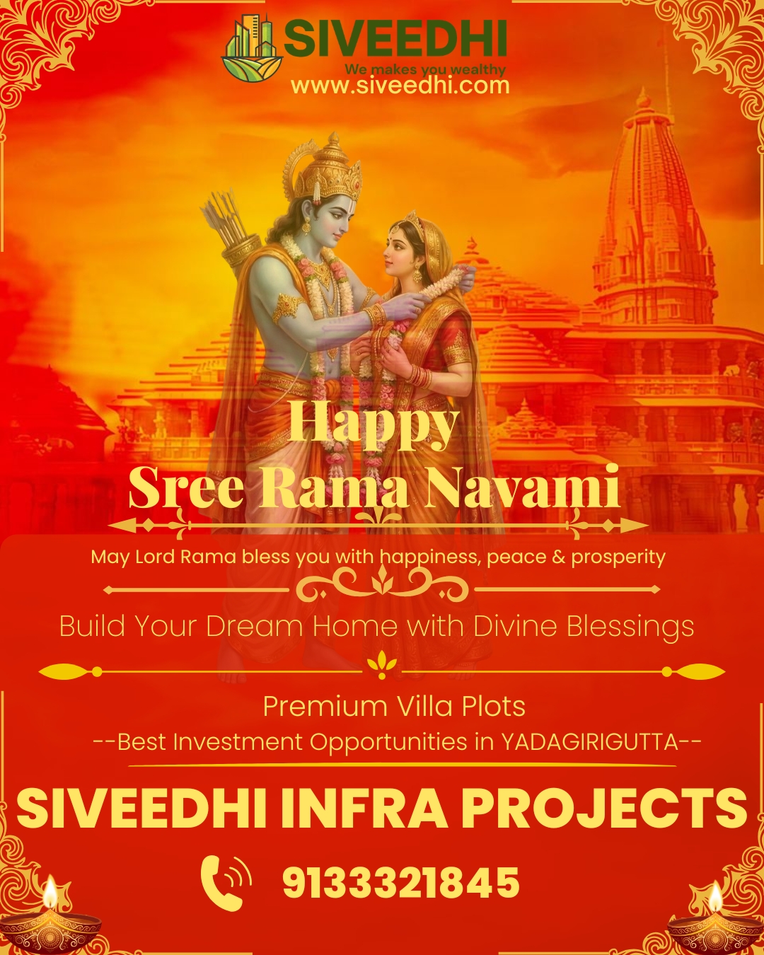 Sri Rama Navami greeting poster by Siveedhi Infra Projects with Lord Rama and Sita, promoting premium villa plots in Yadagirigutta.