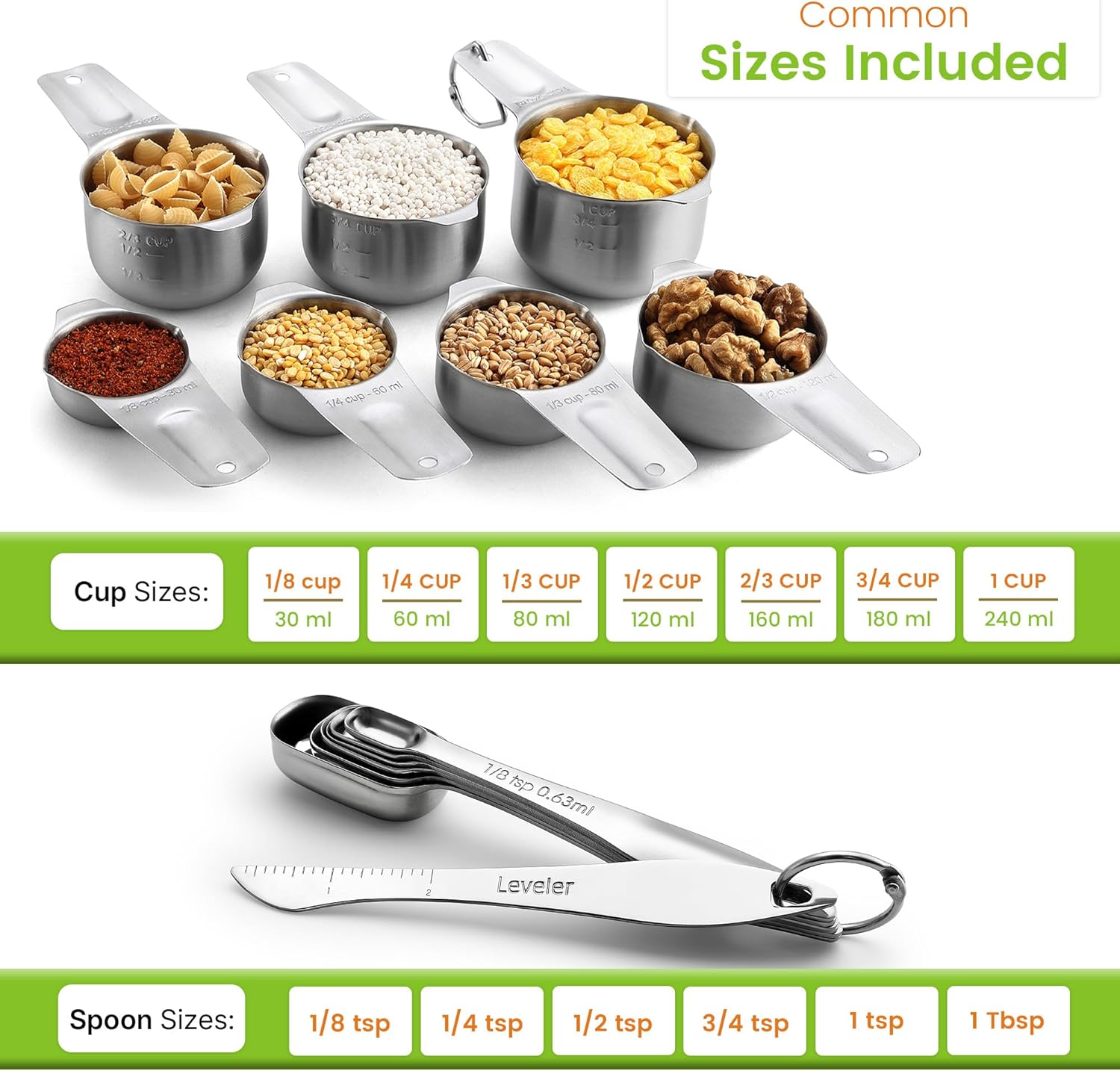Spring Chef Stainless Steel Measuring Cups and Spoons Set of 14 with Leveler, Nesting Kitchen Metal Measuring Cups and Spoons Set for Dry and Liquid Ingredients, Perfect for Cooking & Baking
#am_amazon_associate 
Price:  $19.54 
Price may change at any time and may only be accurate at time of post
#ad Get more information here -->  https://amzn.to/4t8hLOK
6 Convenient Spoon Sizes: 1/8 tsp, 1/4 tsp, 1/2 tsp, 3/4 tsp, 1 tsp, 1 Tbsp plus Leveler and ring. The wide, long handle is comfortable to hold and its ergonomic design is easy to fill and level.
Complete, Accurate Set of 7 Cups with Pour Spout: 1/8 cup, 1/4 cup, 1/3 cup, 1/2 cup, 2/3 cup, 3/4 cup, and 1 cup plus a ring. Measure precise quantity of ingredients to get great results with cooking and baking.

