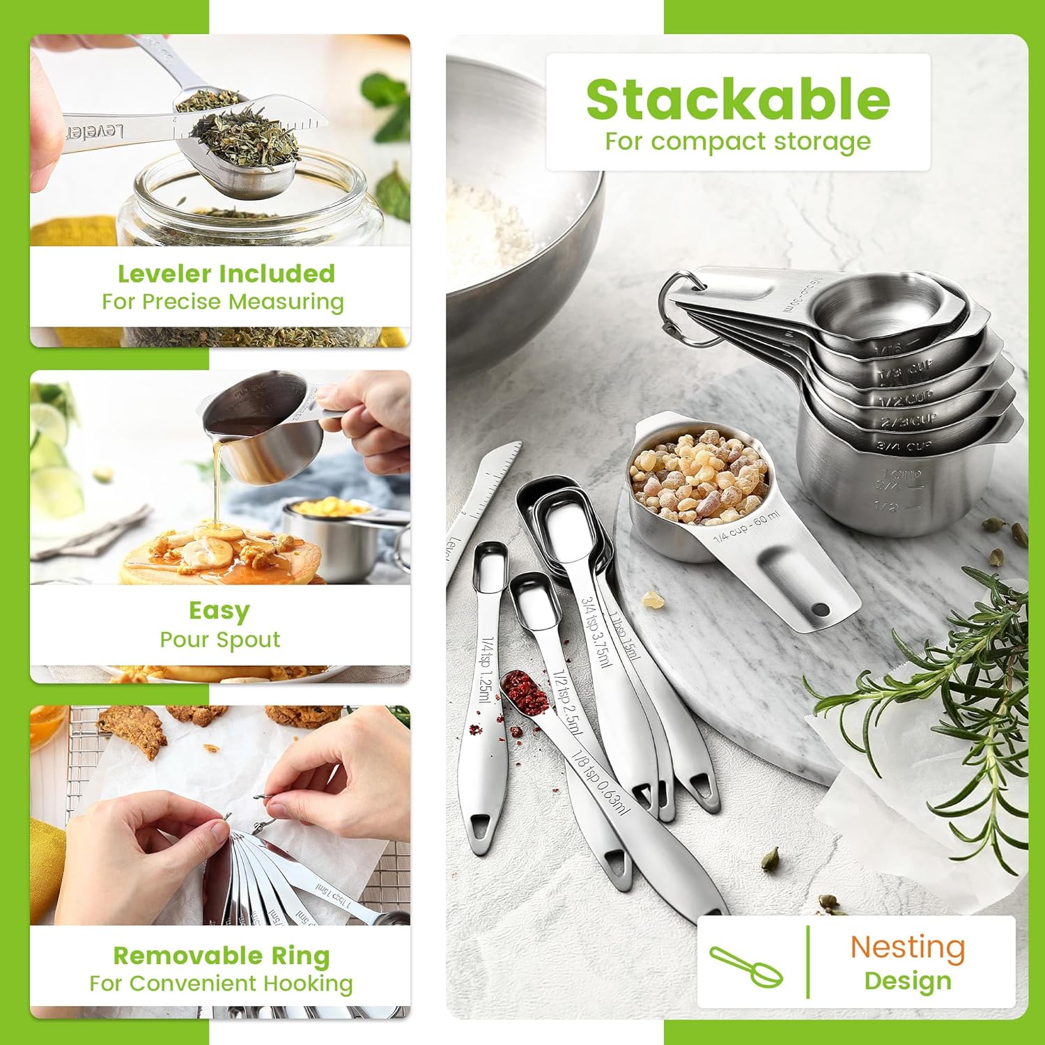 Spring Chef Stainless Steel Measuring Cups and Spoons Set of 14 with Leveler, Nesting Kitchen Metal Measuring Cups and Spoons Set for Dry and Liquid Ingredients, Perfect for Cooking & Baking
#am_amazon_associate 
Price:  $19.54 
Price may change at any time and may only be accurate at time of post
#ad Get more information here -->  https://amzn.to/4t8hLOK
6 Convenient Spoon Sizes: 1/8 tsp, 1/4 tsp, 1/2 tsp, 3/4 tsp, 1 tsp, 1 Tbsp plus Leveler and ring. The wide, long handle is comfortable to hold and its ergonomic design is easy to fill and level.
Complete, Accurate Set of 7 Cups with Pour Spout: 1/8 cup, 1/4 cup, 1/3 cup, 1/2 cup, 2/3 cup, 3/4 cup, and 1 cup plus a ring. Measure precise quantity of ingredients to get great results with cooking and baking.

