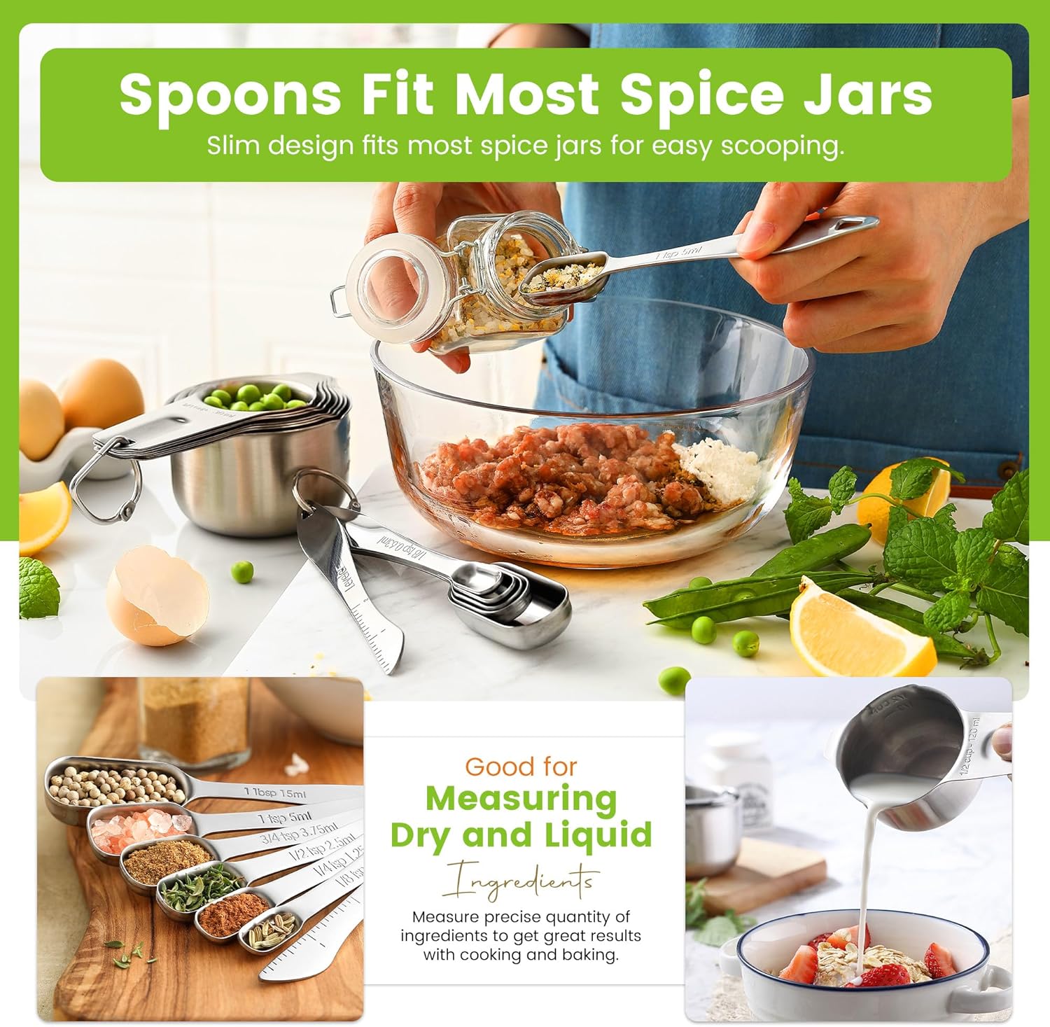 Spring Chef Stainless Steel Measuring Cups and Spoons Set of 14 with Leveler, Nesting Kitchen Metal Measuring Cups and Spoons Set for Dry and Liquid Ingredients, Perfect for Cooking & Baking
#am_amazon_associate 
Price:  $19.54 
Price may change at any time and may only be accurate at time of post
#ad Get more information here -->  https://amzn.to/4t8hLOK
6 Convenient Spoon Sizes: 1/8 tsp, 1/4 tsp, 1/2 tsp, 3/4 tsp, 1 tsp, 1 Tbsp plus Leveler and ring. The wide, long handle is comfortable to hold and its ergonomic design is easy to fill and level.
Complete, Accurate Set of 7 Cups with Pour Spout: 1/8 cup, 1/4 cup, 1/3 cup, 1/2 cup, 2/3 cup, 3/4 cup, and 1 cup plus a ring. Measure precise quantity of ingredients to get great results with cooking and baking.

