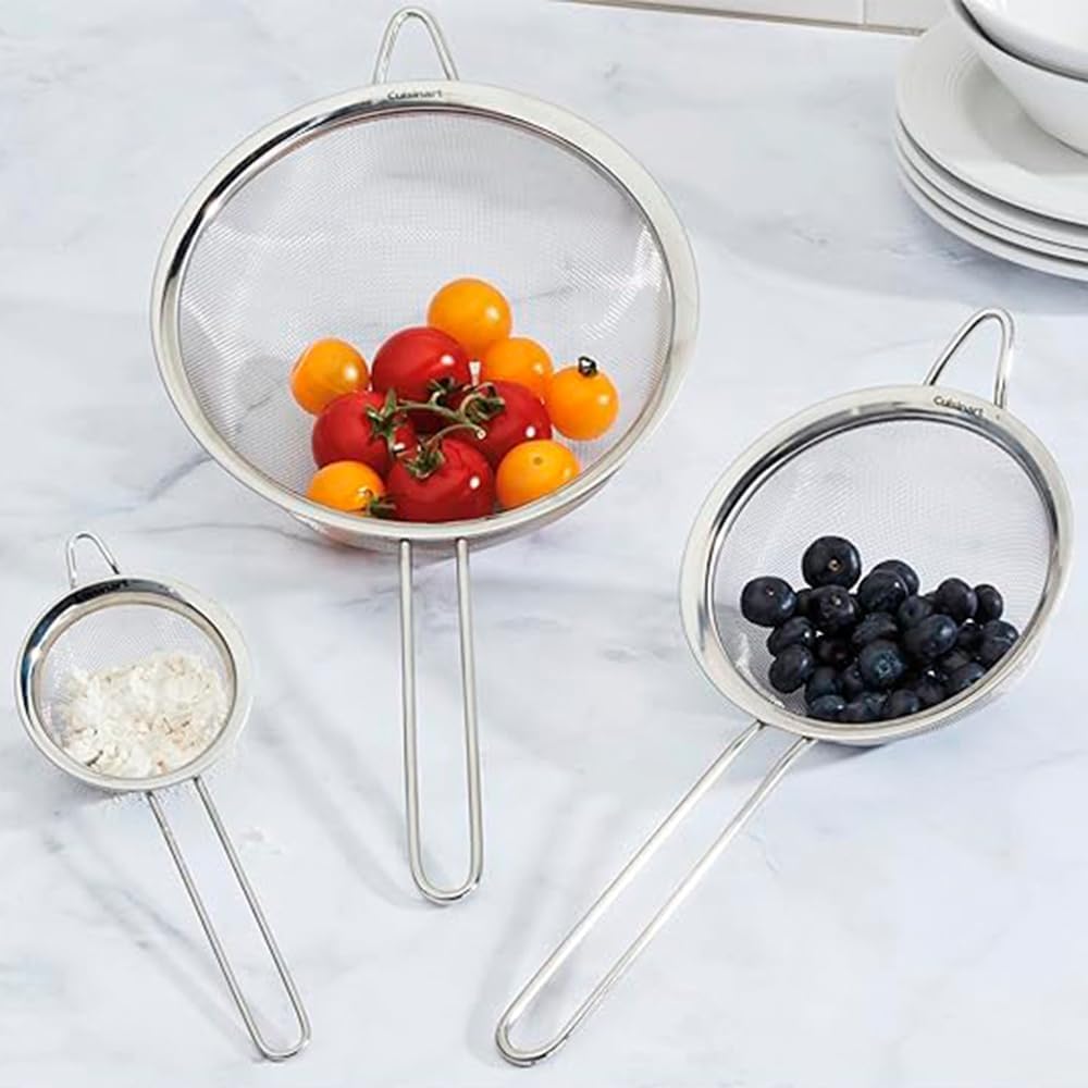 Cuisinart Mesh Strainers, 3 Count (Pack of 1) Set, CTG-00-3MS Silver
#am_amazon_associate
Price:  $11.95
Price may change at any time and may only be accurate at time of post
#ad Get more information here -->  https://amzn.to/3NALdOd
Stainless Steel
Imported
3-Piece Set for Every Kitchen Task: This Cuisinart kitchen strainer set includes three sizes— 3⅛″, 5½″, and 7⅞″. Perfect as a small strainer, large strainer, or everyday colander set for all your cooking needs, from rinsing to draining.
Versatile Straining & Sifting Performance: This sieve strainer set is ideal for use as a pasta strainer, rice strainer, noodle strainer—or even a spaghetti strainer—making it a must-have for kitchen prep and cooking tasks.
Durable Stainless Steel Construction: Crafted from premium stainless steel, these metal strainers for kitchen deliver long-lasting strength and reliability. Each metal strainer is built for safe, sturdy handling during everyday use.

