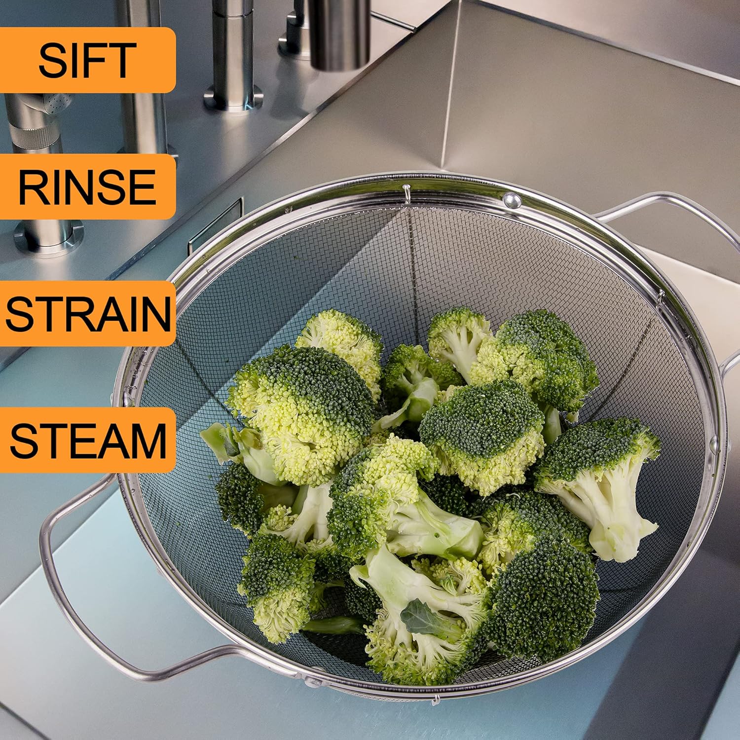 3 Pack 18/8 Stainless Steel Colander Sieves(5-Quart, 4-Quart and 3-Quart), Mesh Strainer Net Baskets with Handles & Resting Base for Strain, Drain, Rinse or Steam
#am_amazon_associate 
Price:   $16.99 
Price may change at any time and may only be accurate at time of post
#ad Get more information here -->  https://amzn.to/4t7XlW0
Food Grade Stainless Steel 18/8 Construction: Our kitchen strainer is made of first class Stainless Steel 18/8 that is BPA free, Lead and Cadmium free. It is rust free and will never affect the taste of your food!
Sturdy: Our colanders feature a sturdy outer mirror finished wide rimmed framework design on both the top and the resting base on the bottom. The firm wire along the outer sides of the rust-proof firm mesh netting keeps the baskets in shape and sturdy while in use. Our premium handles are riveted to the bowl so it will never come off!

