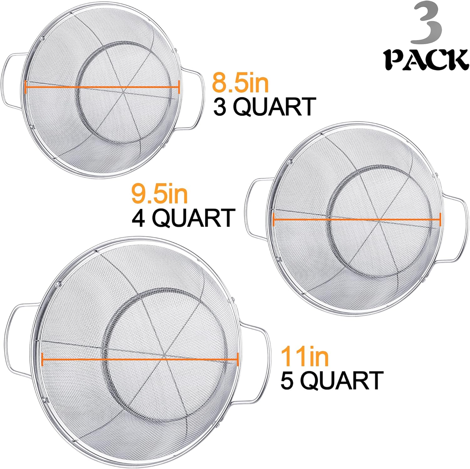 3 Pack 18/8 Stainless Steel Colander Sieves(5-Quart, 4-Quart and 3-Quart), Mesh Strainer Net Baskets with Handles & Resting Base for Strain, Drain, Rinse or Steam
#am_amazon_associate 
Price:   $16.99 
Price may change at any time and may only be accurate at time of post
#ad Get more information here -->  https://amzn.to/4t7XlW0
Food Grade Stainless Steel 18/8 Construction: Our kitchen strainer is made of first class Stainless Steel 18/8 that is BPA free, Lead and Cadmium free. It is rust free and will never affect the taste of your food!
Sturdy: Our colanders feature a sturdy outer mirror finished wide rimmed framework design on both the top and the resting base on the bottom. The firm wire along the outer sides of the rust-proof firm mesh netting keeps the baskets in shape and sturdy while in use. Our premium handles are riveted to the bowl so it will never come off!

