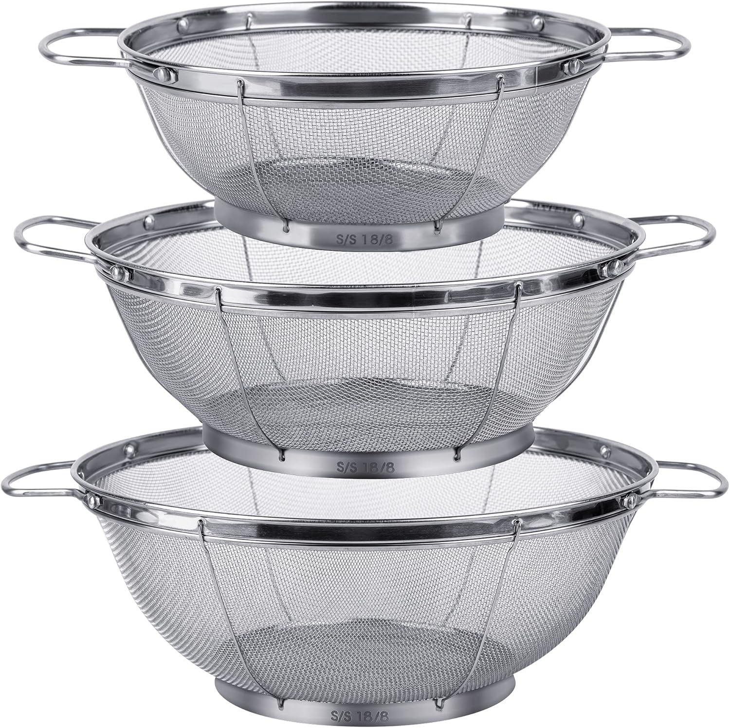 3 Pack 18/8 Stainless Steel Colander Sieves(5-Quart, 4-Quart and 3-Quart), Mesh Strainer Net Baskets with Handles & Resting Base for Strain, Drain, Rinse or Steam
#am_amazon_associate 
Price:   $16.99 
Price may change at any time and may only be accurate at time of post
#ad Get more information here -->  https://amzn.to/4t7XlW0
Food Grade Stainless Steel 18/8 Construction: Our kitchen strainer is made of first class Stainless Steel 18/8 that is BPA free, Lead and Cadmium free. It is rust free and will never affect the taste of your food!
Sturdy: Our colanders feature a sturdy outer mirror finished wide rimmed framework design on both the top and the resting base on the bottom. The firm wire along the outer sides of the rust-proof firm mesh netting keeps the baskets in shape and sturdy while in use. Our premium handles are riveted to the bowl so it will never come off!

