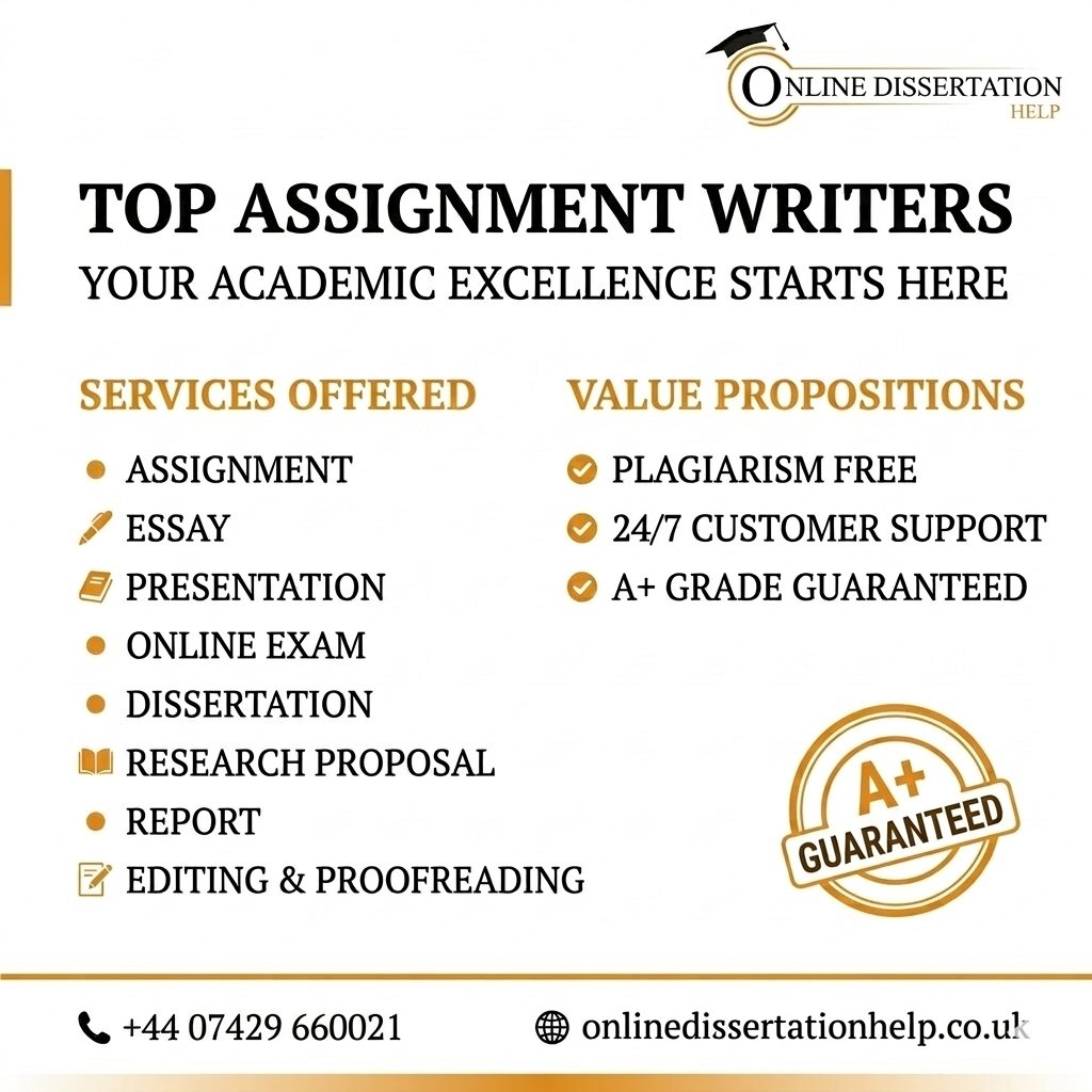 Professional 1080x1080 promotional graphic for Online Dissertation Help. The design uses a goldenrod, charcoal, and white color theme. The brand logo is placed in the top right. Main heading reads "TOP ASSIGNMENT WRITERS" with a list of services including Assignment, Essay, and Dissertation help. Value propositions highlight "Plagiarism Free" and "A+ Grade Guaranteed." The footer contains the phone number +44 743 883 8052 and website onlinedissertationhelp.co.uk.