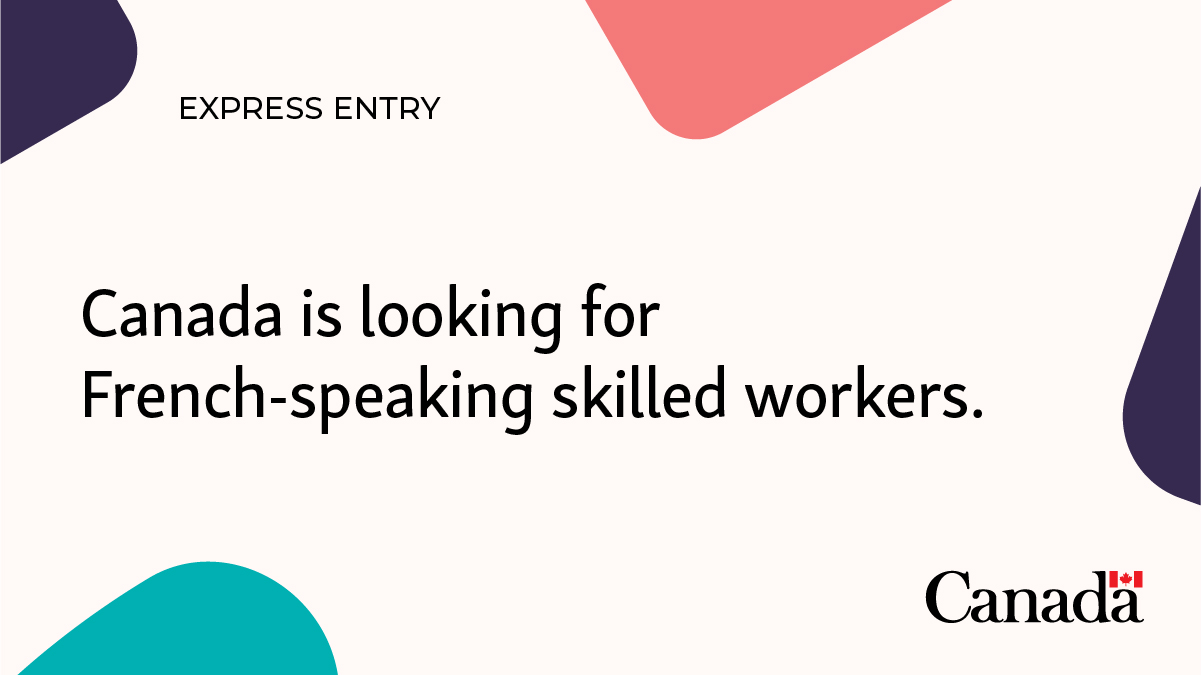 Off-white background with abstract shapes in teal, red and dark purple in the corners with the text: “Express Entry. Canada is looking for French-speaking skilled workers.”