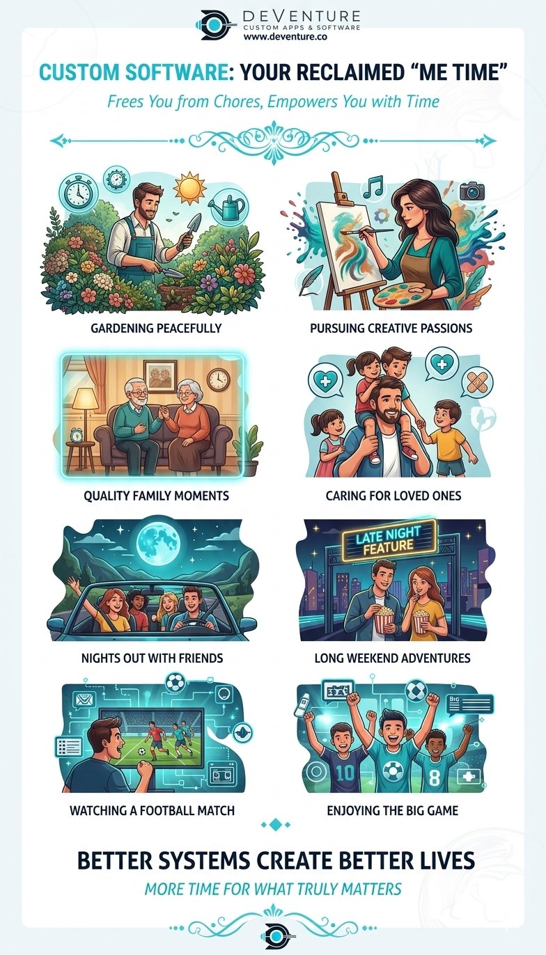 Custom software quietly reshapes how people experience work. When systems are designed around real workflows, friction disappears, decisions become faster, and daily operations feel lighter. The constant need to chase information, reconcile data, or fix broken processes fades into the background. What emerges is something far more valuable than efficiency: time and mental space. Employees leave work without carrying unresolved stress, leaders think more clearly, and teams collaborate with intent instead of urgency. Evenings open up for family, hobbies, reflection, and rest. Weekends are no longer consumed by catch-up tasks or lingering worries. This shift creates a healthier rhythm where performance is sustained, not forced. Over time, organizations benefit from sharper thinking, stronger engagement, and better outcomes. Custom software doesn’t just optimize operations, it gives people the freedom to live with presence, balance, and purpose.