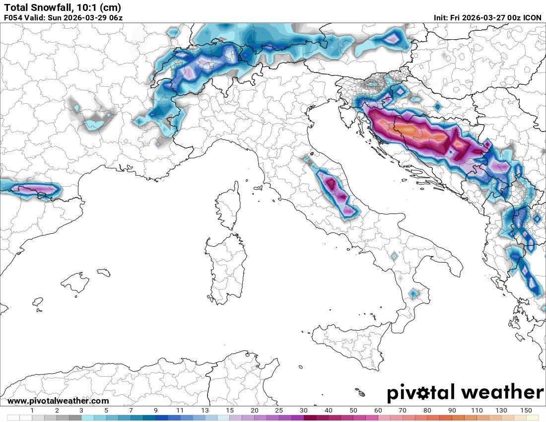 Mappa delle nevicate previste nelle prossime 48 ore - ECMWF