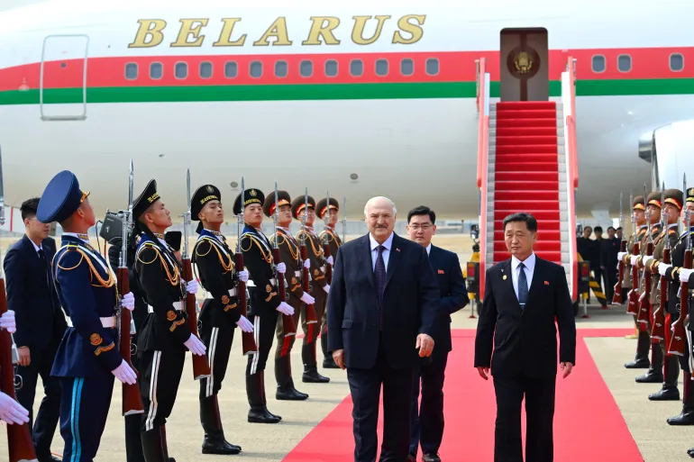 Belarusian President Alexander Lukashenko arrives at Pyongyang international airport in North Korea for an official two-day visit [President of the Republic of Belarus/Handout via Reuters]
