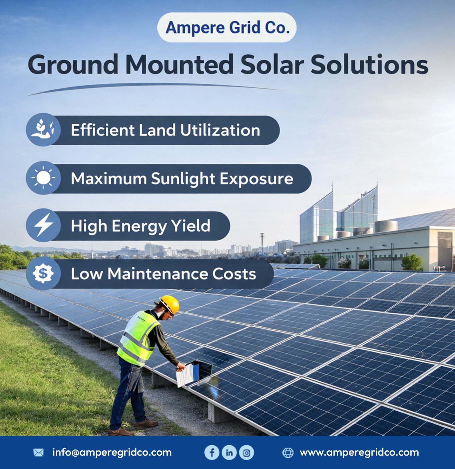 "ground mounted solar panel installation by ampere grid co showing technician inspecting large solar array"