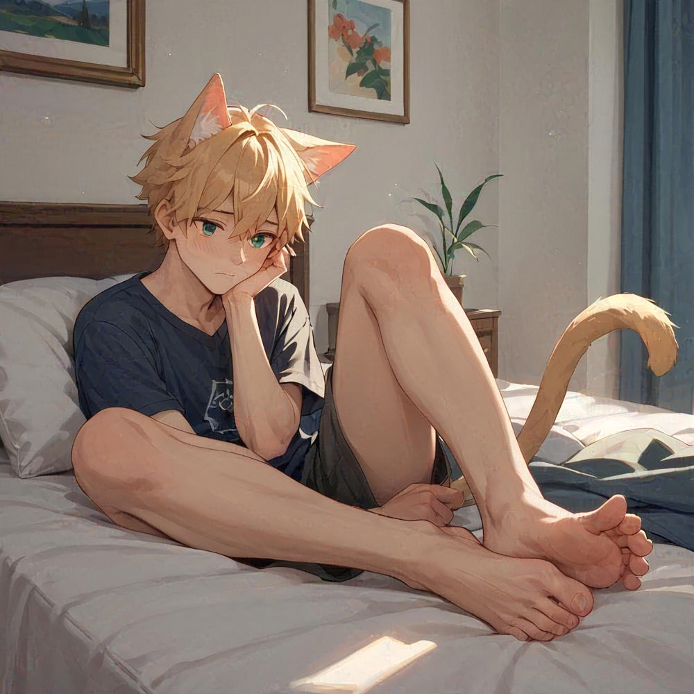 cute catgirl shy feet napping bedroom
