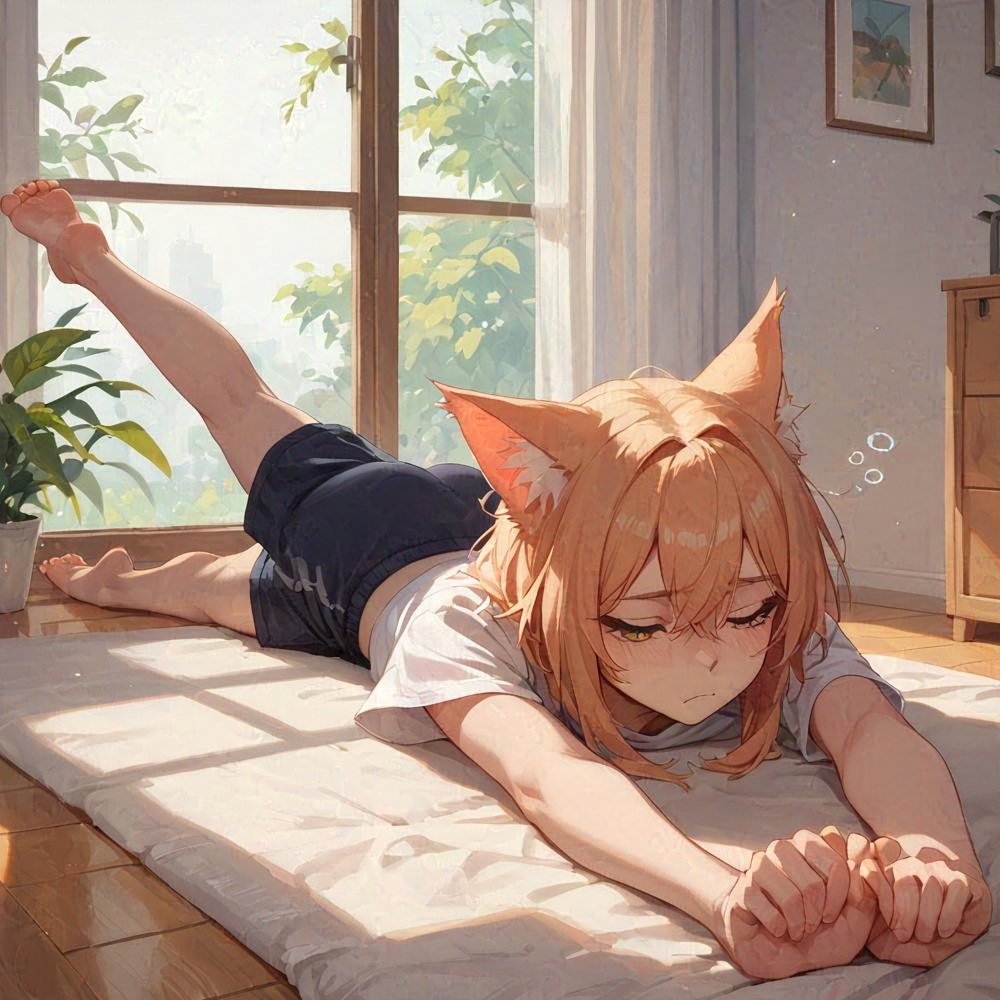 cute catgirl sleepy feet stretching window
