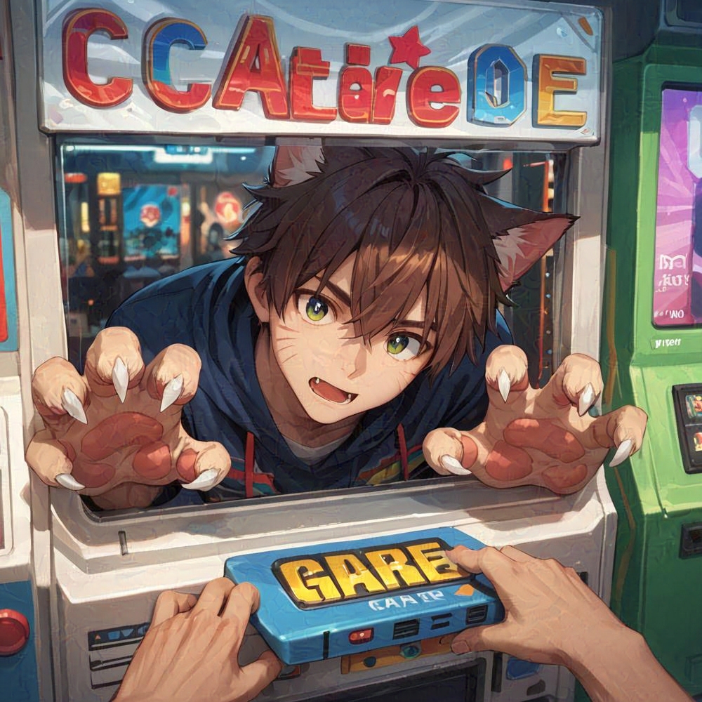 cute catgirl hyperactive claws peeking arcade
