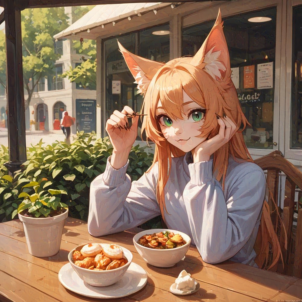 cute catgirl hyperactive claws meowing cafe
