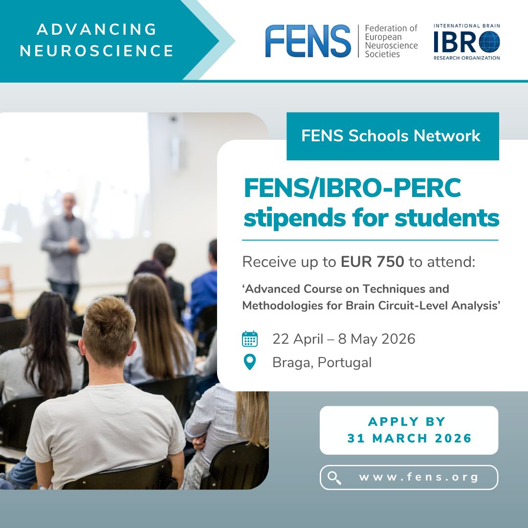 🔔 Stipends available for #neuroscience students in Europe!
🌐 If you are an MSc or PhD neuroscience student based in Europe, you can now apply for the #FENS/#IBRO-PERC stipends to attend:
🔹 Advanced Course on Techniques and Methodologies for Brain Circuit-Level Analysis
📍 School of Medicine, University of Minho, Braga, Portugal
🗓️ 22 April – 8 May 2026
🔗 https://buff.ly/fAJ25kI
💶 The stipends offer up to EUR 750
🗓️ Deadline: 31 March 2026 | 3 pm CET
💭 Want to explore the full list of courses?
Have a look here 👉 https://buff.ly/QzasVEs