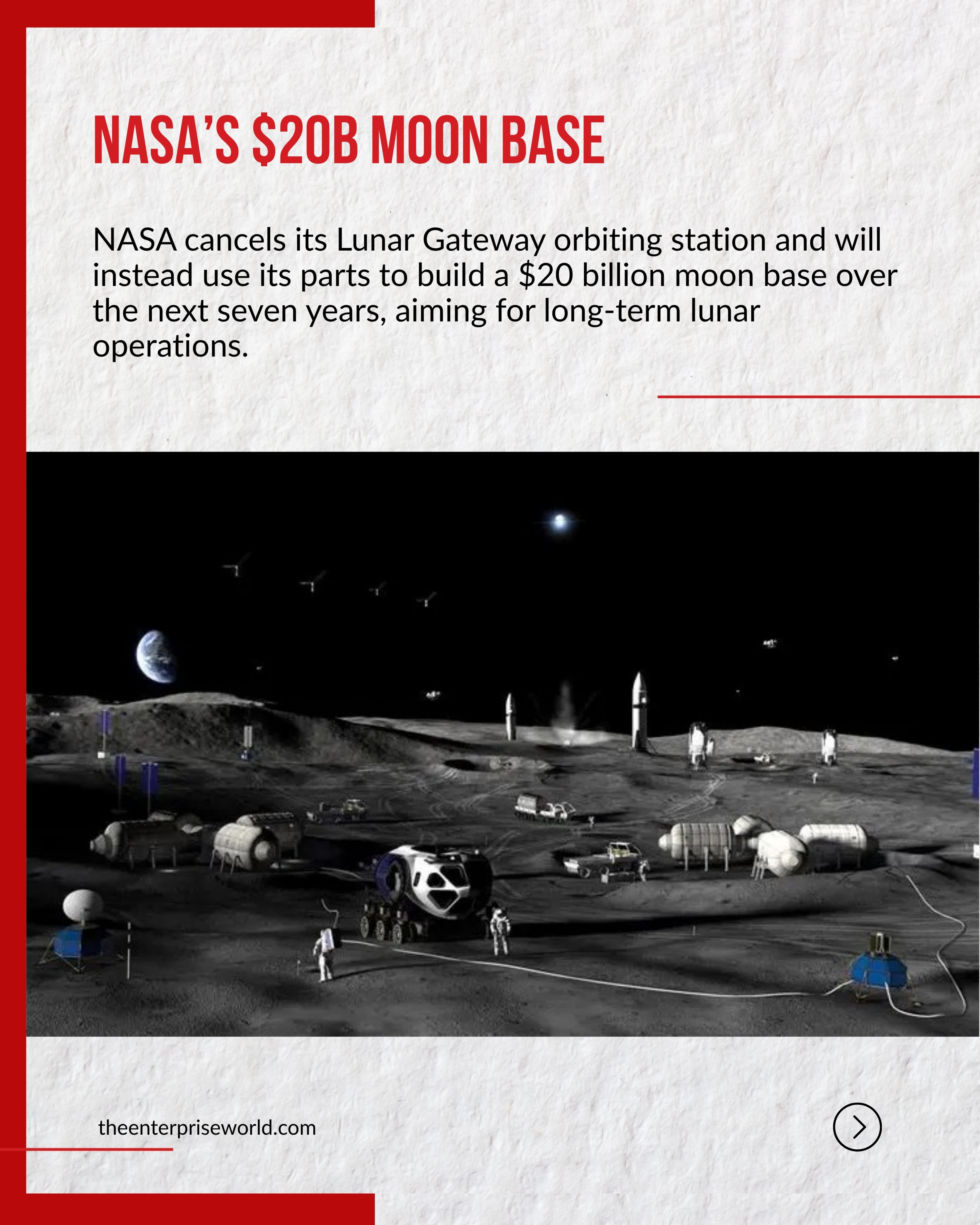 News 1:
NASA’s $20B Moon Base
NASA cancels its Lunar Gateway orbiting station and will instead use its parts to build a $20 billion moon base over the next seven years, aiming for long-term lunar operations.
