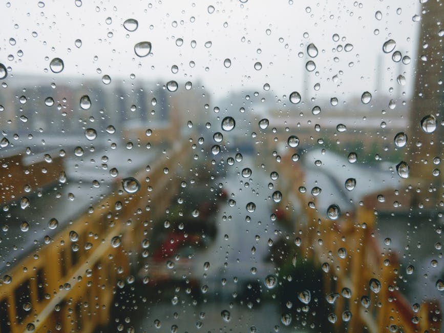 A close-up shot of raindrops on a window with a blurred urban background.