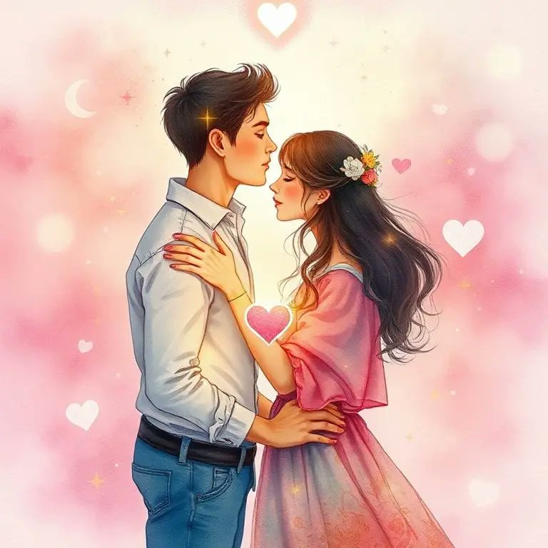 A romantic cosmic background with stars and a silhouette of a couple, featuring the text 'Is your love story written in the stars?'