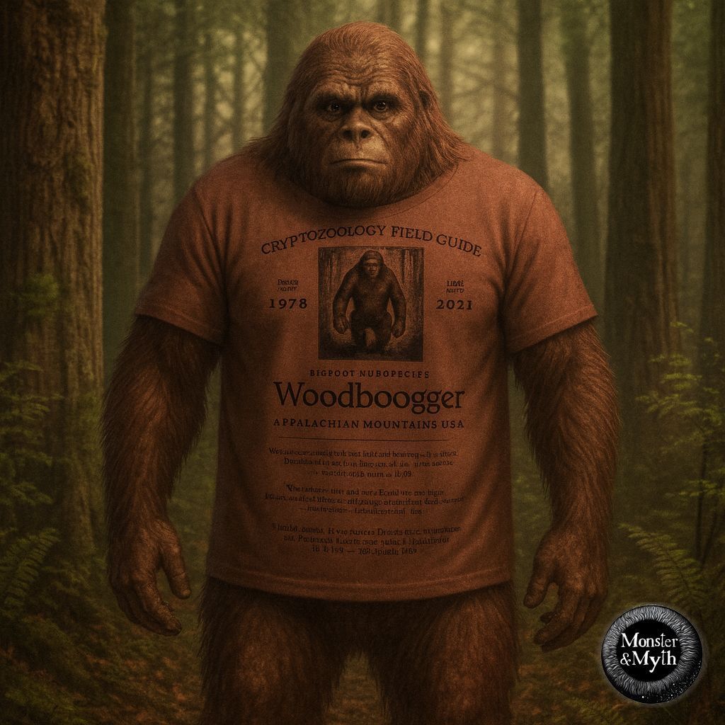 A burly, ape-like cryptid — the Woodbooger of Appalachian folklore — stands in a misty forest wearing a burnt-orange “Cryptozoology Field Guide” T-shirt from Monster & Myth. His eyes are calm but watchful, framed by towering pines and golden light filtering through the canopy.