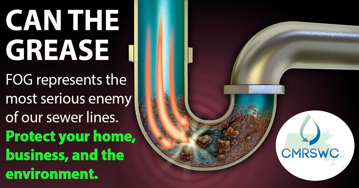 “A graphic with the headline ‘Can the Grease’ shows a cross-section of a pipe partially clogged with a buildup of fats, oils, and grease. Arrows illustrate how grease flows into the pipe and accumulates, restricting flow. The text explains that FOG is a major cause of sewer line issues and encourages proper disposal to protect homes, businesses, and the environment. A CMRSWC logo appears on the image.”
