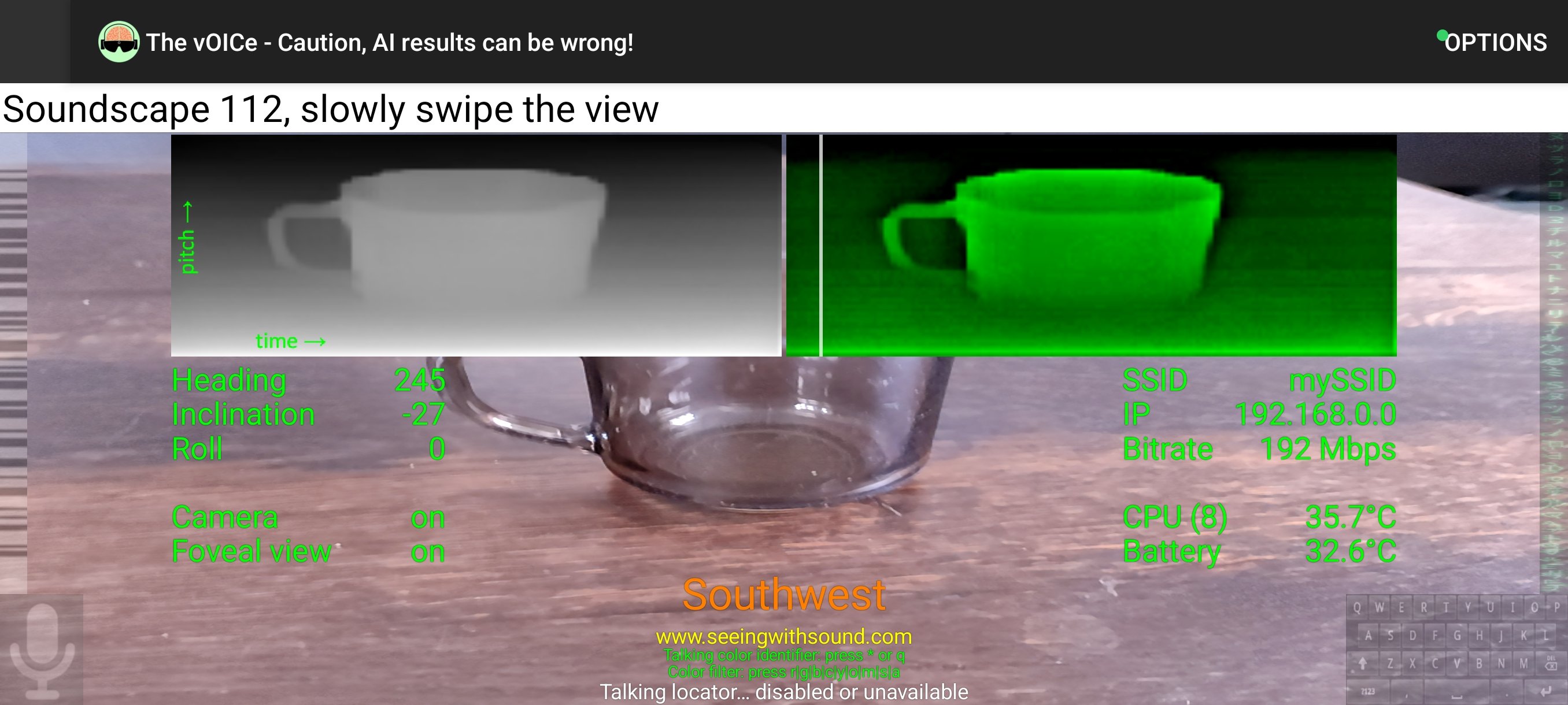 Brown glass on brown wooden table top, with insets showing AI depth map view in The vOICe for Android.