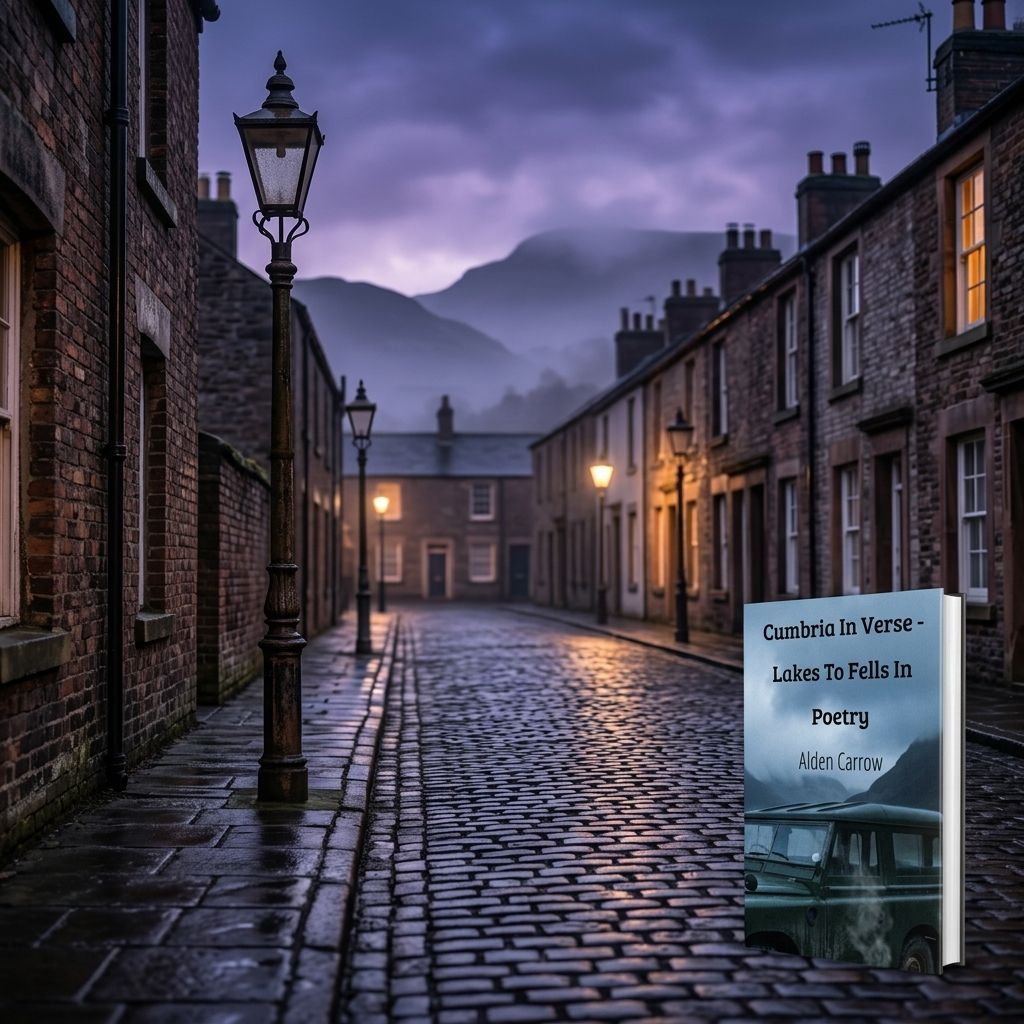 A low-angle view of a Wigton street at dusk, damp cobblestones reflecting a bruised purple sky, the distant, hazy silhouette of fells rising like ghosts behind industrial terraced houses, cinematic lighting, sharp focus on the texture of wet brick and weathered iron.