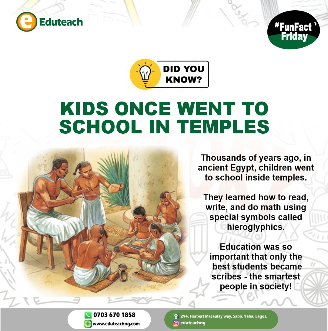Thousands of years ago, children learned inside temples in ancient Egypt - building skills in reading, writing, and maths.

Education has always shaped the future.

That hasn’t changed.

🌐 www.eduteachng.com

📞 07036701858

#Eduteach #DidYouKnow #EducationFacts #LearningSupport #EducationNigeria