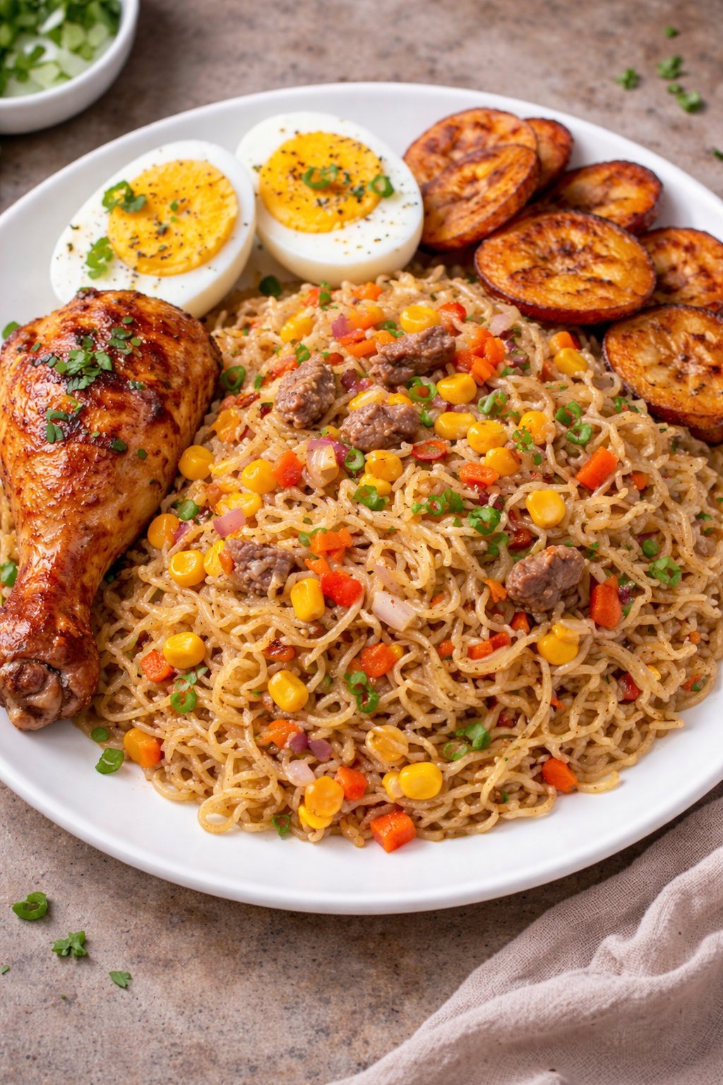 A plate of noodles and eggs #3000
Add-ons 
Chicken #1,500
Plantain #500
Soft drink #500
Smoothie #500
