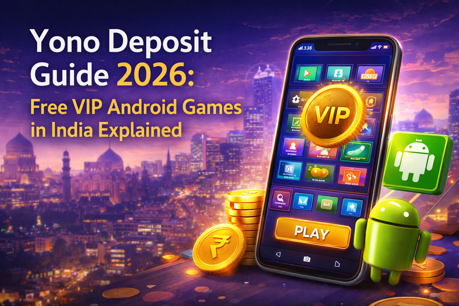 Yono Deposit guide 2026 illustration showing Android smartphone with VIP games interface, Indian city background, rupee coins, and mobile gaming concept for free VIP Android games in India