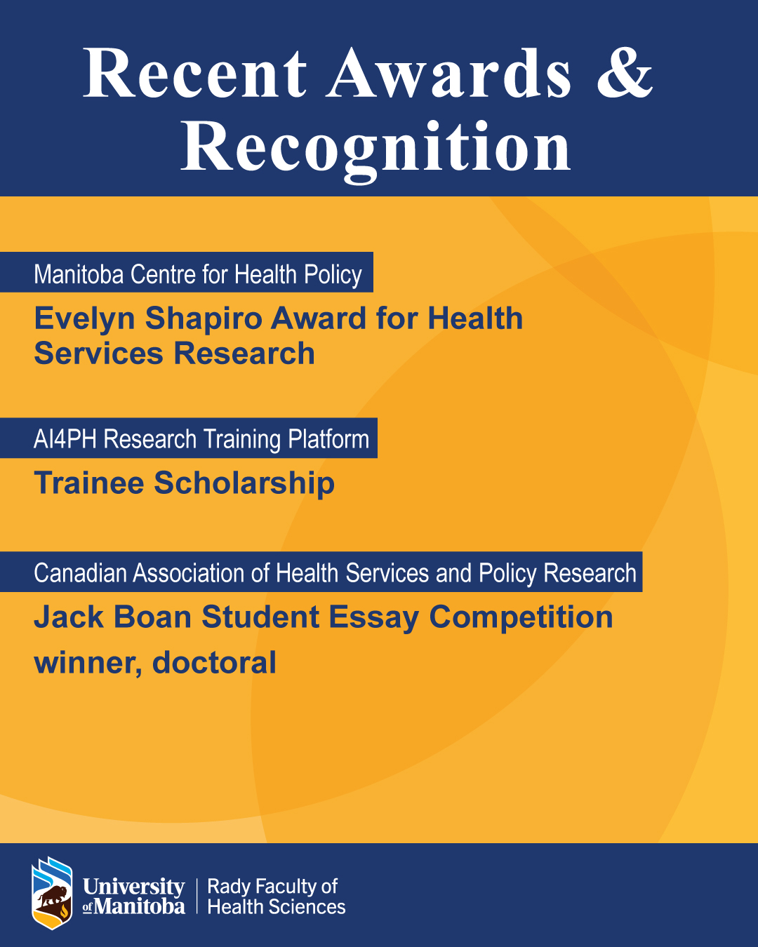 List of recent awards including Manitoba Centre for Health Policy's Evelyn Shapiro Award, an AI4PH Research Training Program Trainee Scholarship, and the Canadian Association for Health Services and Policy Research's Jack Boan Student Essay Competition, doctoral.