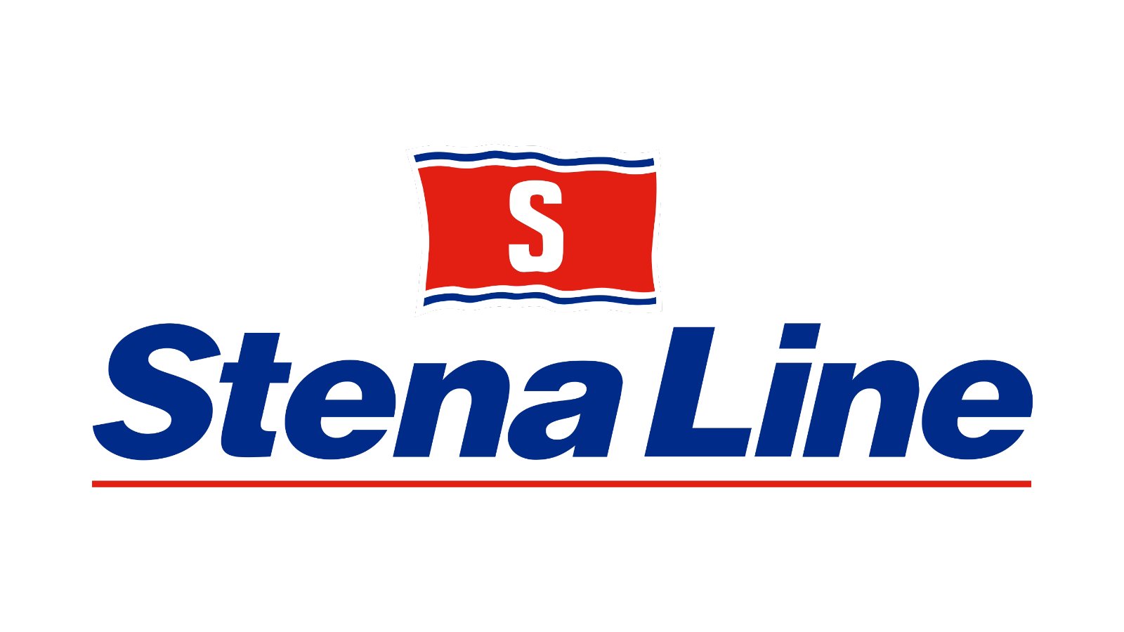 Stena Line logo featuring a red flag with a white 'S' above bold blue text and a red underline.