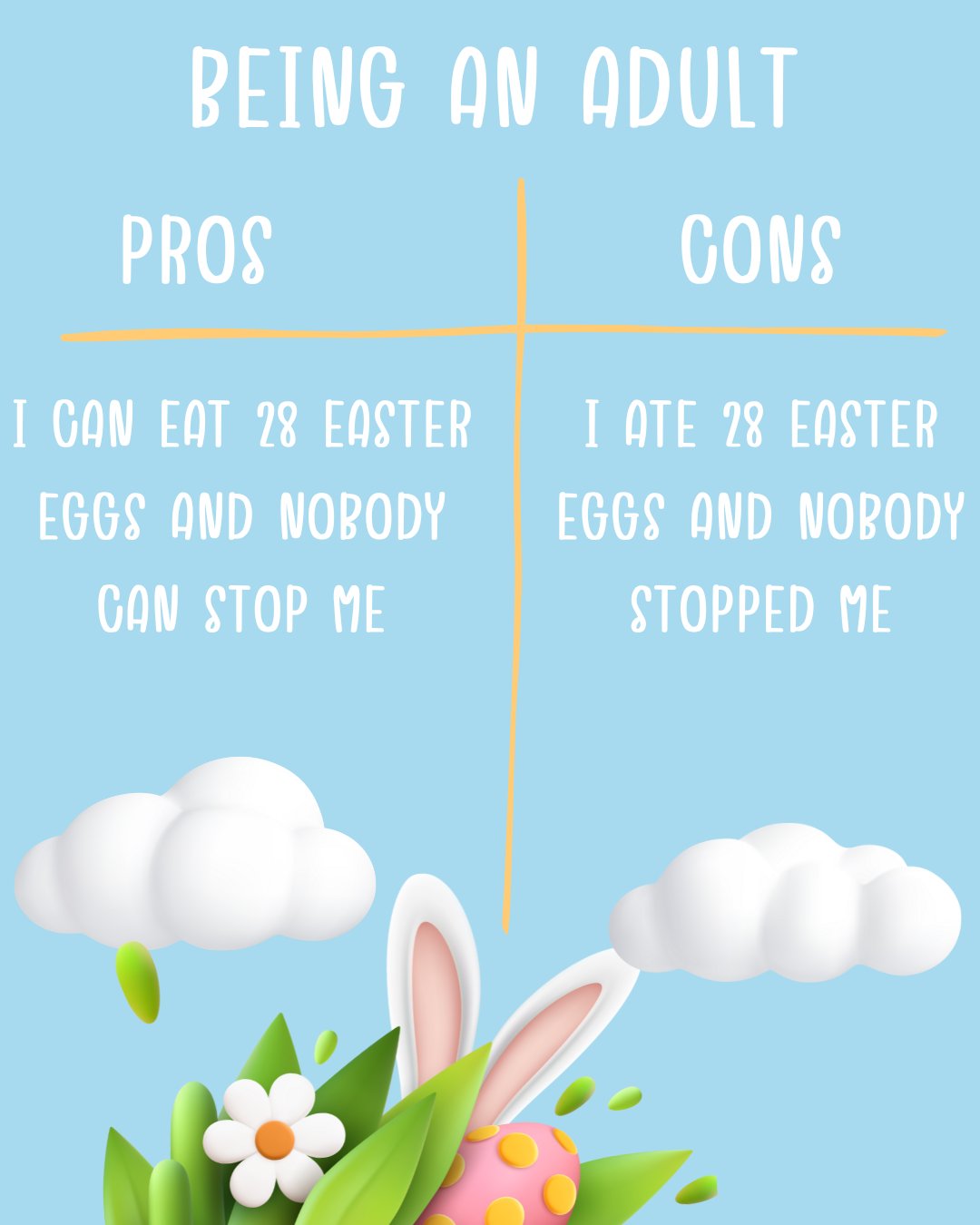 A humorous pros and cons list about adulthood with Easter eggs, clouds, and bunny ears on a blue background.