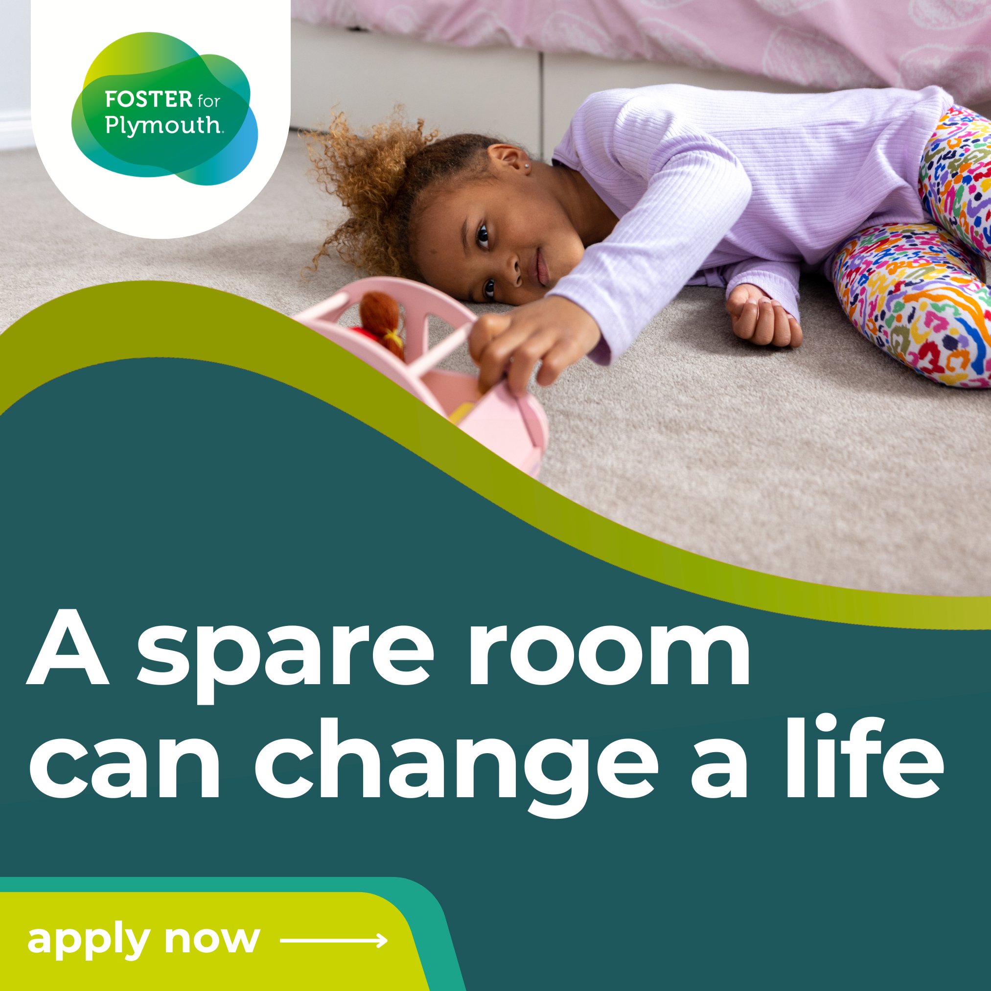 A child with curly hair plays happily on the carpet with a toy. The text reads, "A spare room can change a life" and "apply now." The "Foster for Plymouth" logo is in the top left corner.