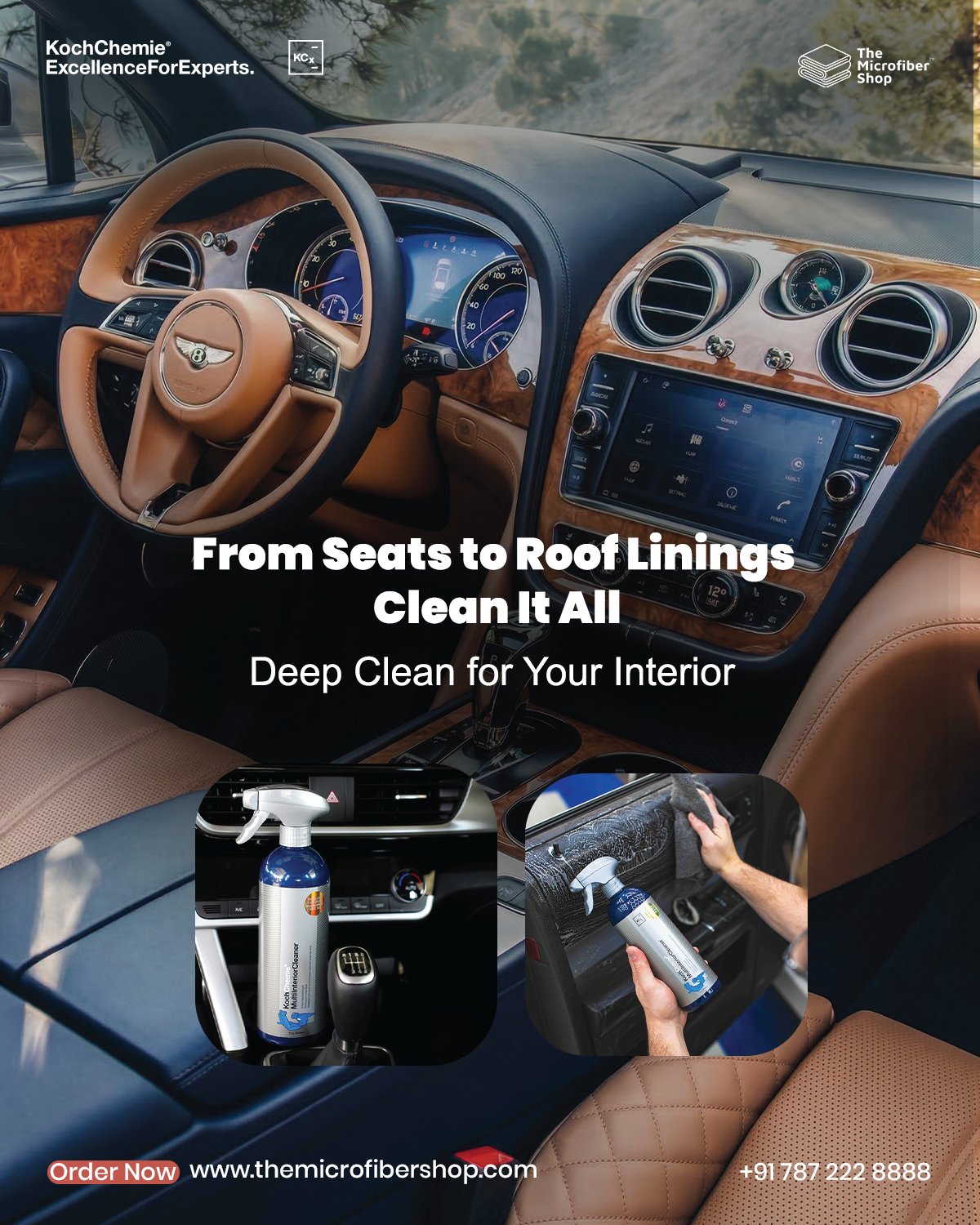 Clean and refreshed luxury car interior after using Koch Chemie Multi Interior Cleaner, with inset images showing spray application and wiping process. Demonstrates deep cleaning of seats, dashboard, and roof linings, delivering spotless surfaces, enhanced interior appearance, and professional car detailing results.