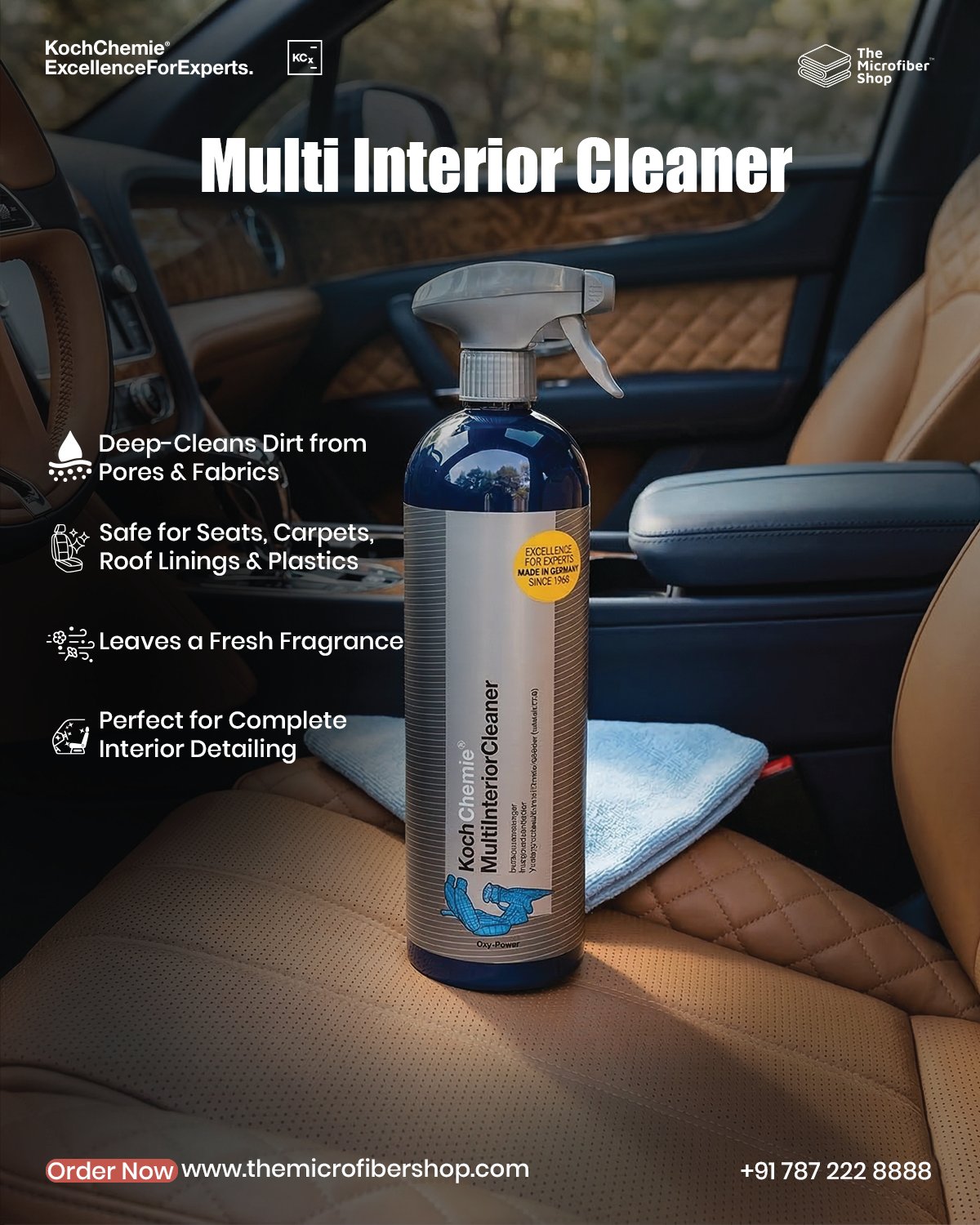 Koch Chemie Multi Interior Cleaner spray bottle placed on premium leather car seat with microfiber cloth, showcasing a professional car interior cleaning solution. Highlights deep cleaning of dirt from fabric and pores, safe use on seats, carpets, roof linings, and plastics, while leaving a fresh fragrance for complete interior detailing.