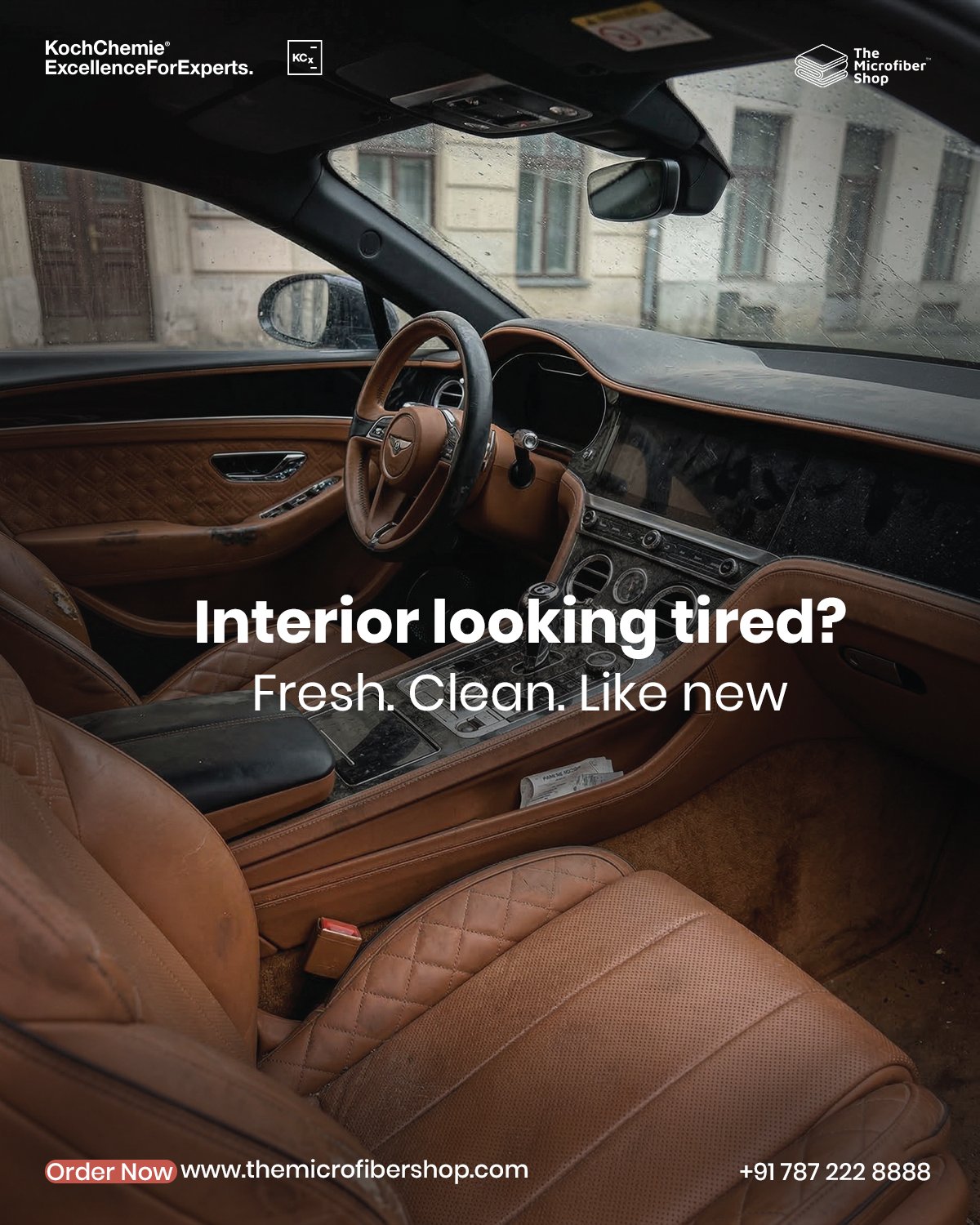 Luxury car interior with visible dust, stains, and grime on leather seats, dashboard, and console, showing a tired and dirty cabin. Image highlights the need for a car interior cleaner to restore freshness, deep clean surfaces, and bring back a like-new finish for automotive interiors.