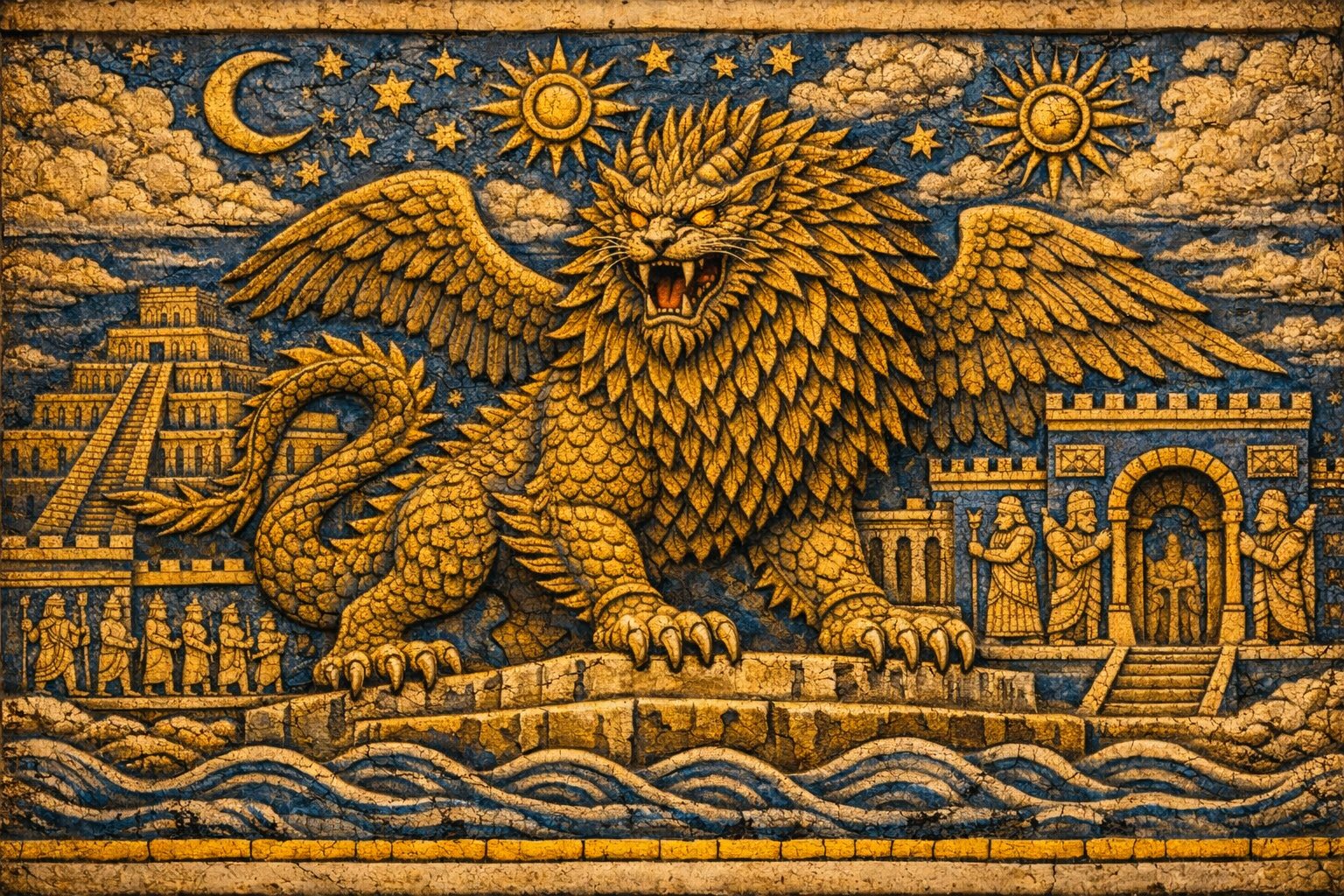 🦁 The Guardian of Babylon — Winged Beast of the Ancient World
A fearsome winged lion rises above temples and crashing waves, beneath twin suns and a crescent moon.
It does not guard a place — it guards a forgotten age.
Made with ChatGPT.