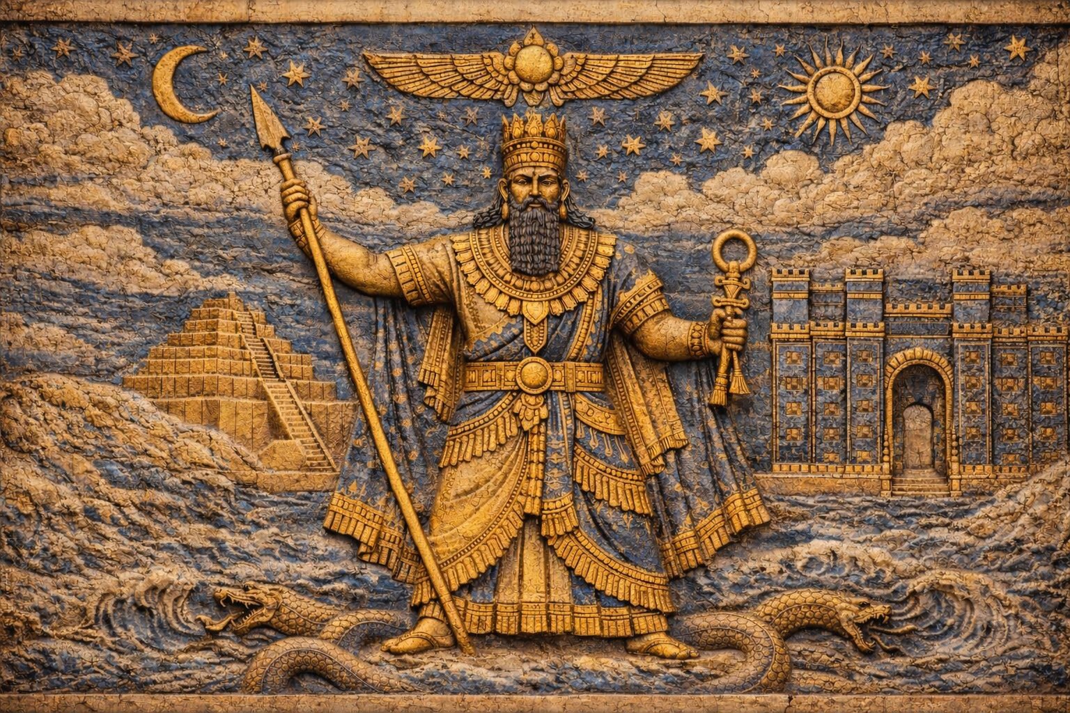 👑 Lord of the Two Rivers — The King Who Spoke with Gods
A crowned Babylonian ruler stands before the Ishtar Gate, spear raised, with serpents coiling at his feet.
He did not conquer lands — he carried the weight of heaven itself.
Made with ChatGPT.