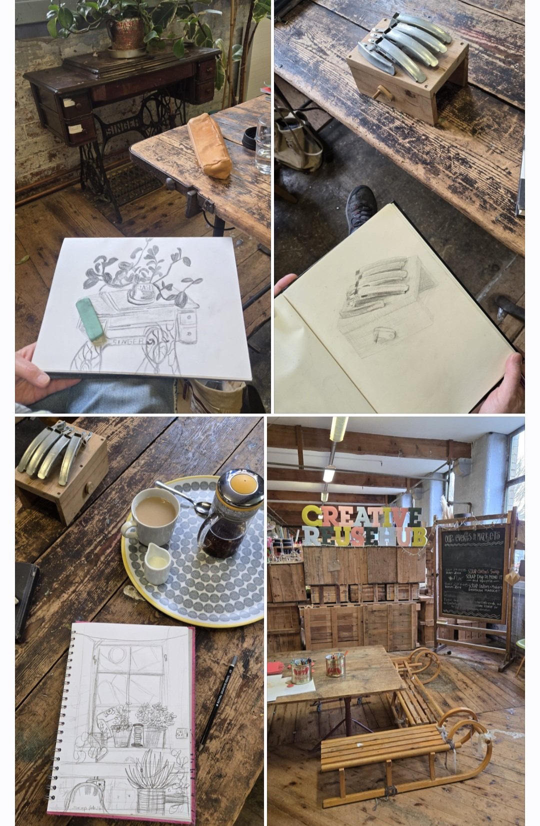 image shows pieces in progress at february's meet-up. location: Scrap Creative, Farsley.