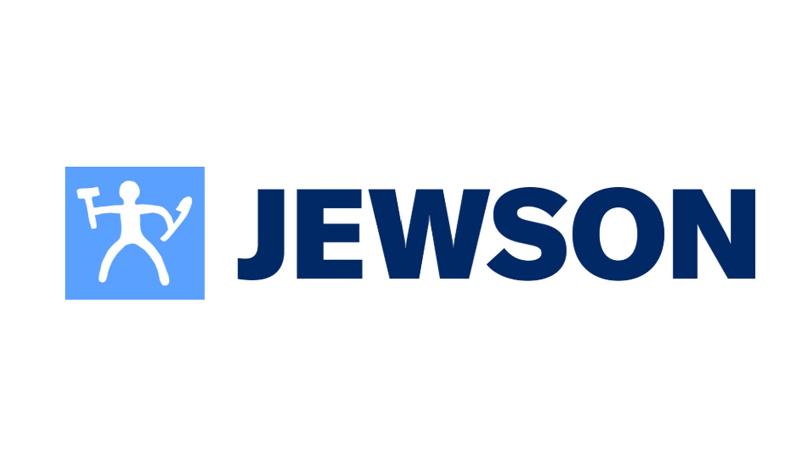 Jewson logo featuring a stylized white figure holding a tool inside a blue square next to bold navy text.