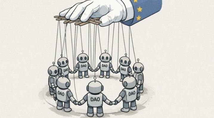Wani hoton zane (illustration) dake nuna wasu kananan mutum-mutumi (robots) guda takwas da aka rubuta "DAO" a jikinsu, suna tsaye a zagaye (circle) suna rike da hannun juna.
​A samansu, akwai wani katon hannu sanye da farar safar hannu (glove) da riga mai launin shu’uda da taurari (alama ta Tarayyar Turai/EU). Hannun yana rike da wasu ice-ice da zare, yana sarrafa robots din kamar tsana (puppets).
​Wannan hoton yana nuna shakku da bankin Turai (ECB) yake da shi, na cewa ko da koda kungiyoyin DAOs suna ikirarin babu mai iko da su, wasu manyan hannaye (regulators) ne ke juya su ta bayan fage.