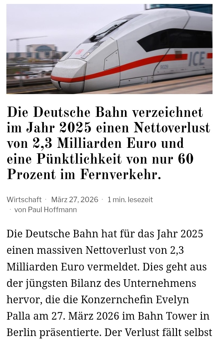 Deutsche Bahn 2,3 Milliarden Euro Verlust und nur 60 Prozent Pünktlichkeit.