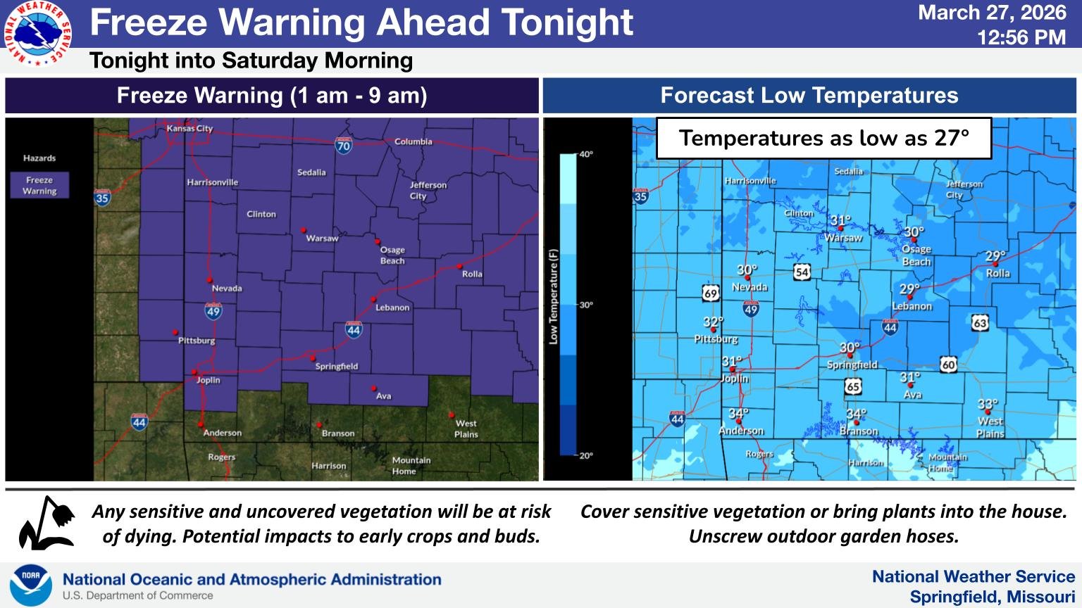 Temperatures will drop below freezing across a large portion of the area tonight. Some locations may drop down into the upper 20s for a few hours. This could cause impacts to those with vegetation/agricultural interests. Therefore a Freeze Warning is in effect tonight for areas highlighted on the map.