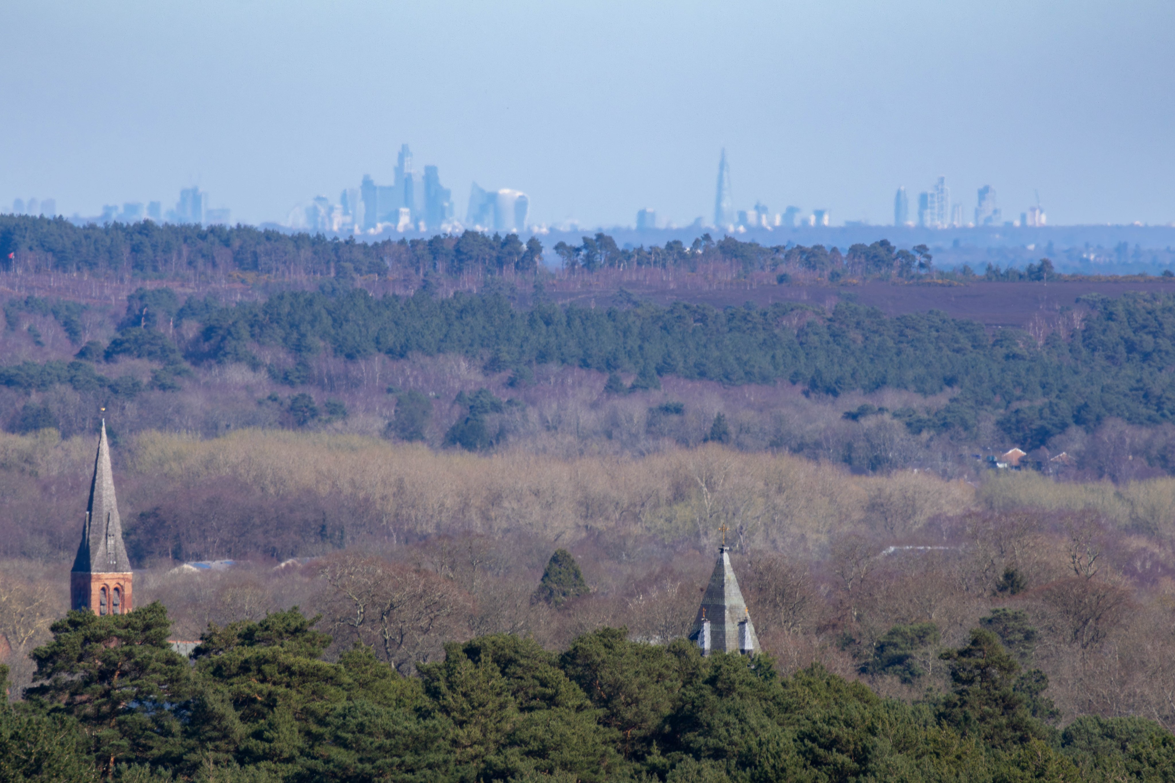 Telephoto landscape photograph of London skyline from Caesar's Camp Hill Fort, Farnham, Surrey, UK, 18 March 2026.

Canon EOS R7 with Canon RF100-400mm F5.6-8 IS USM lens.
