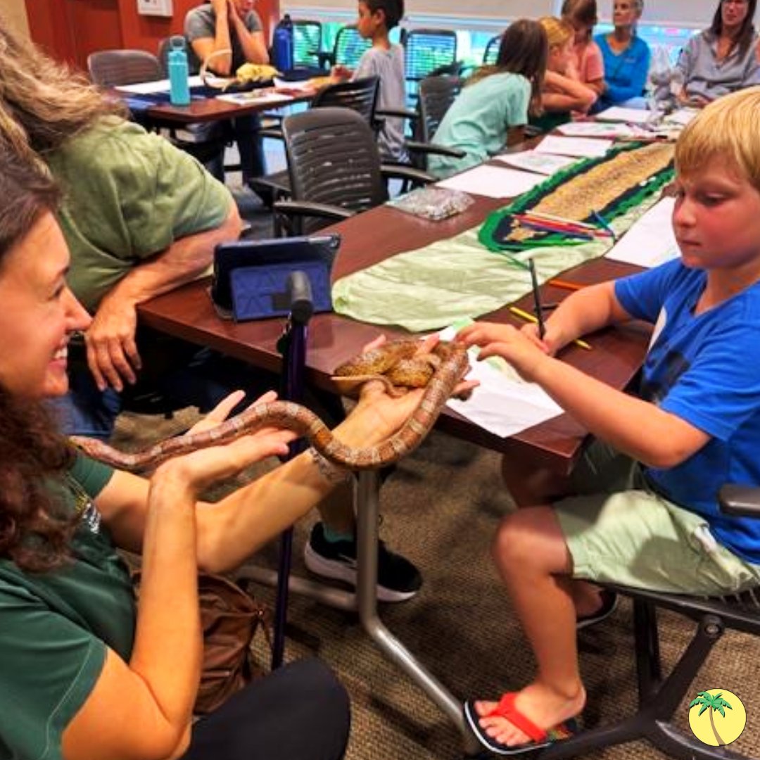 An Okeeheelee Nature Center employee holding a striped snake out towards a young boy, who is gently stroking the scales.