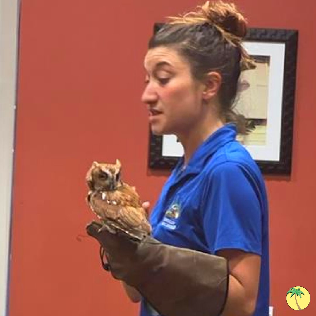 A woman from the Daggerwing Nature Center holding a small brown owl with one gloved hand.