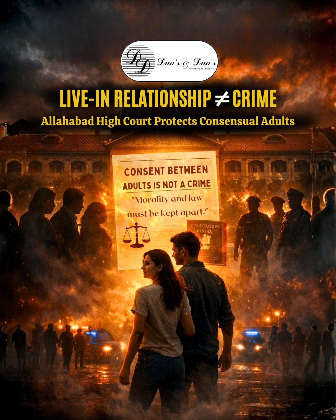 Allahabad High Court ruling on live-in relationship legality in India, stating that consensual adult relationships are not a crime, highlighting legal rights, personal freedom, and separation of morality and law, with a couple and court background visual.